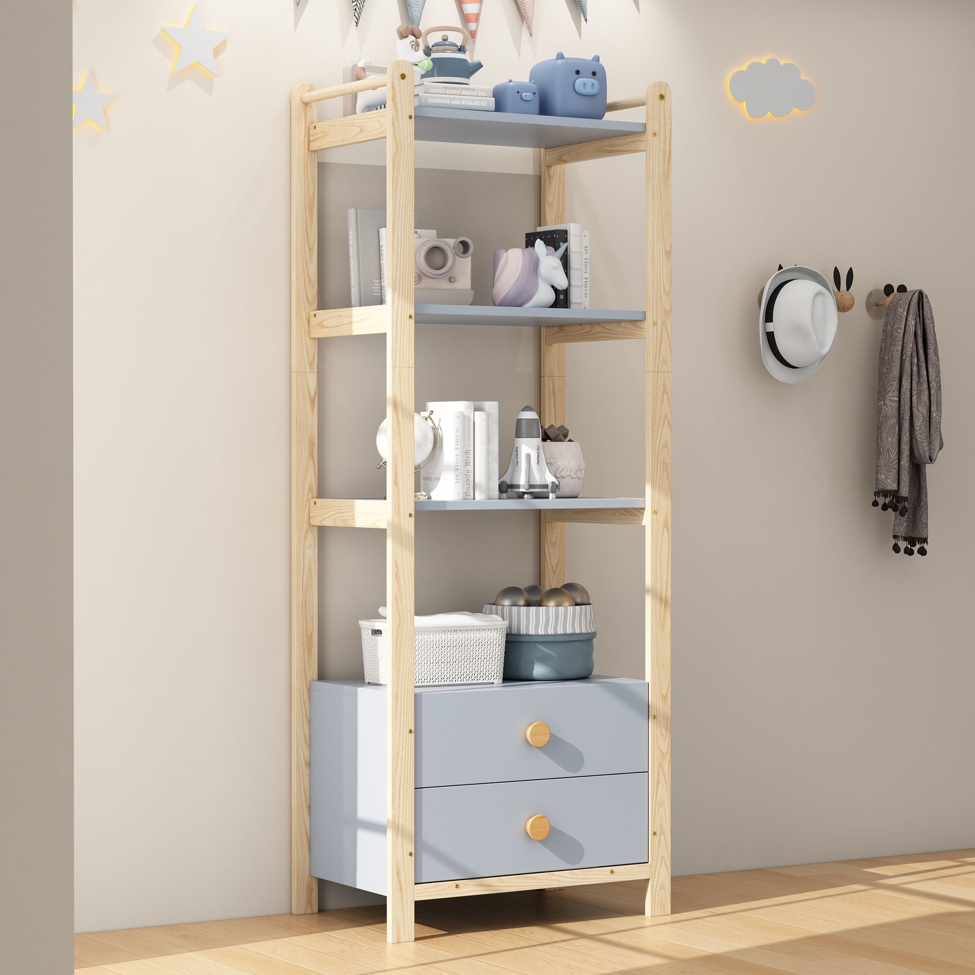 Freestanding Shelf Unit, 2 Drawers 4 Shelves 70x44x180cm, Blue and Natural Wood Pine Frame