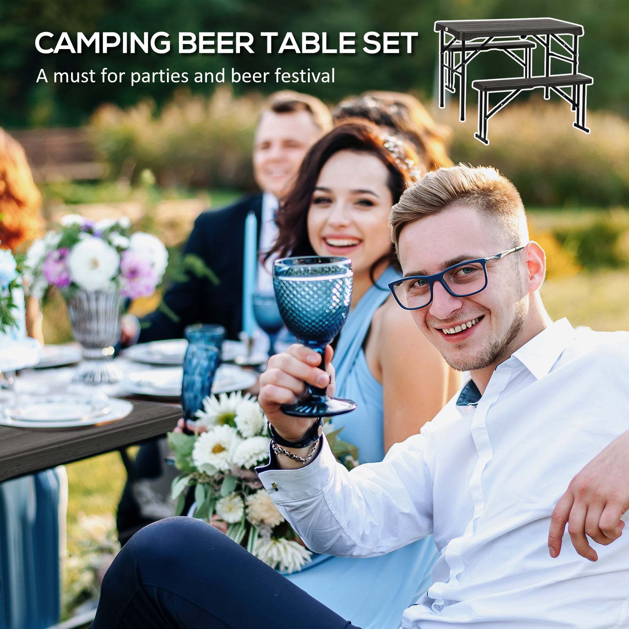 Folding Picnic Table Set, 3-Piece Portable with 2 Benches for 4, Steel/Dark Grey