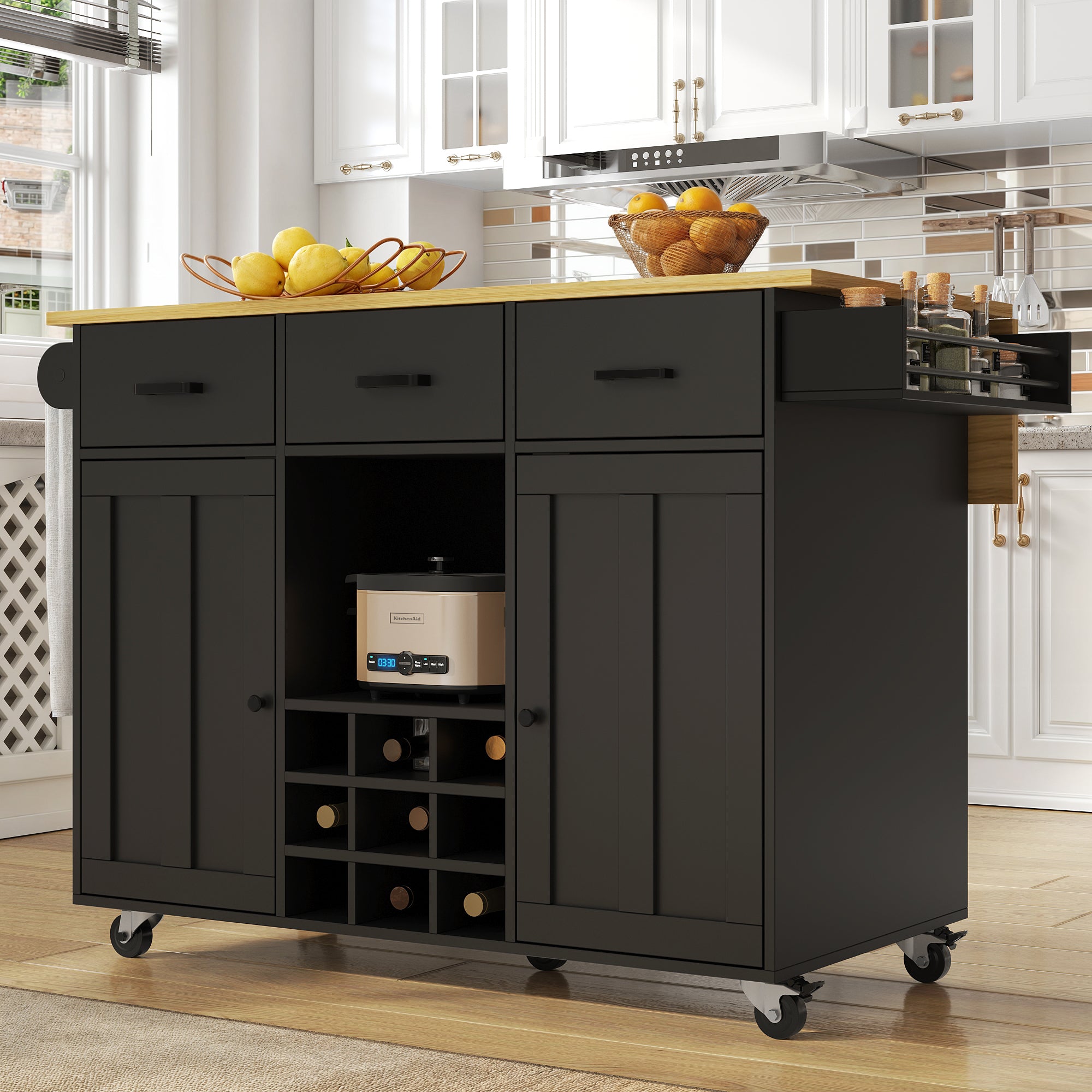 Dining Trolley Mobile Removable Worktop Spice Rack Adjustable Storage - Wood Grain Black