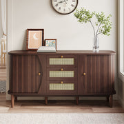 Sideboard, Rattan Drawers with Sliding Doors & Adjustable Shelves, Wood Color
