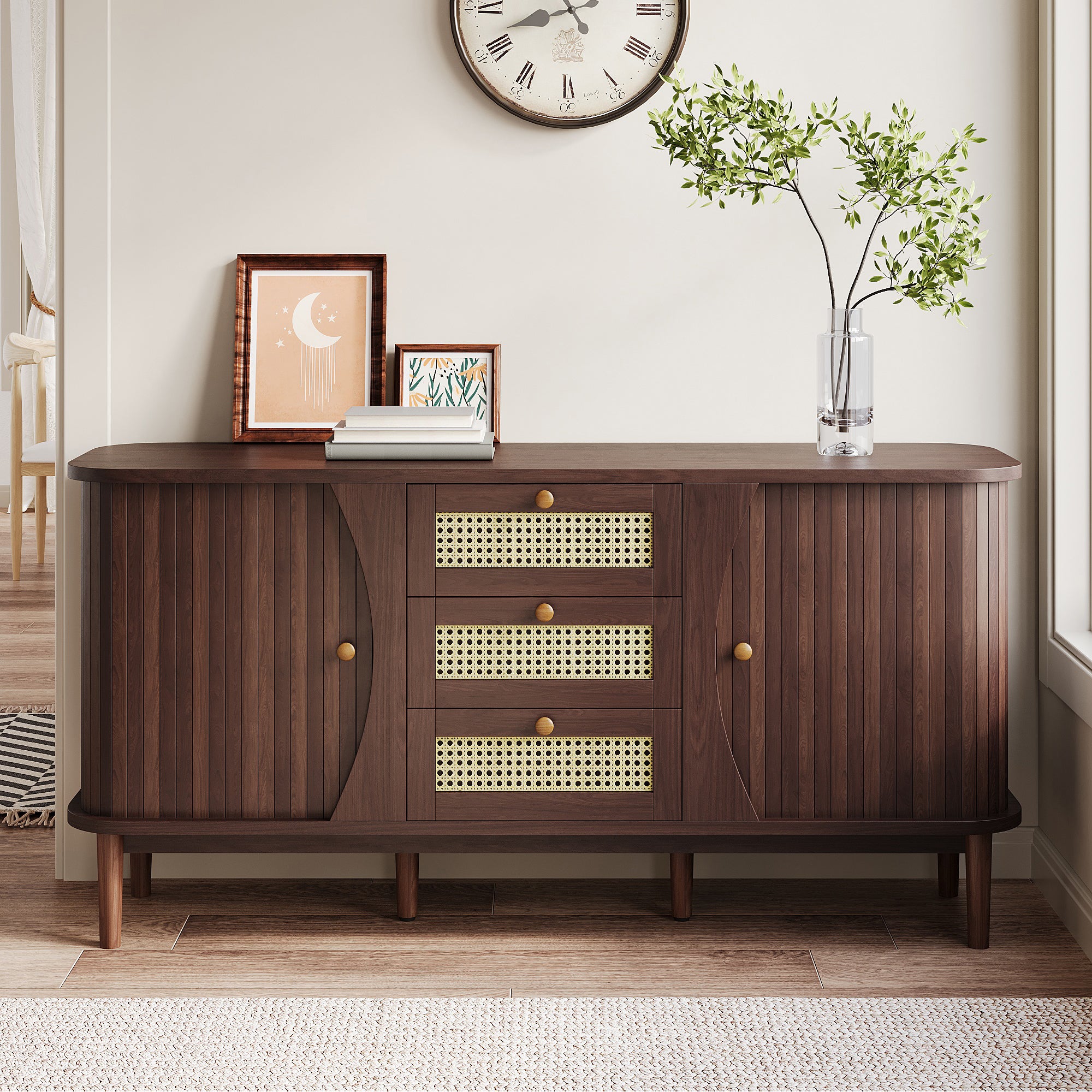 Sideboard, Rattan Drawers with Sliding Doors & Adjustable Shelves, Wood Color