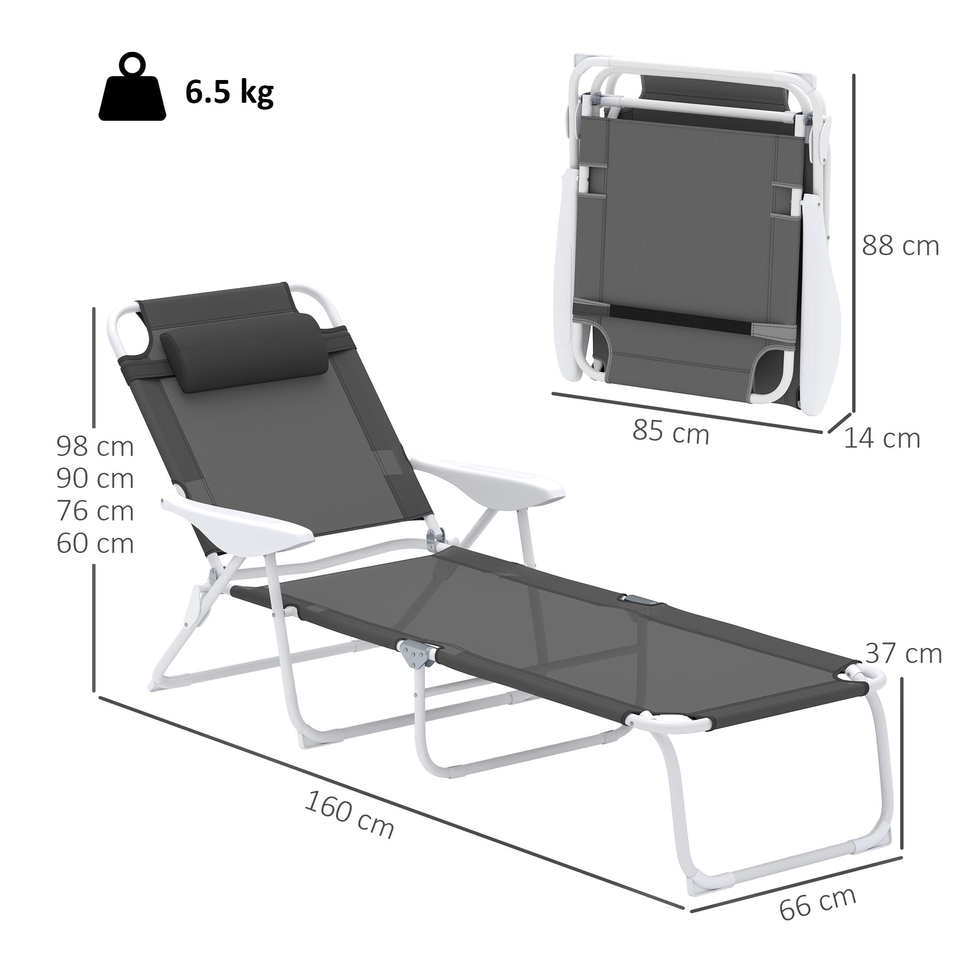 Foldable Lounge Chair, 4-Level Adjustable Backrest & Headrest, Charcoal Grey