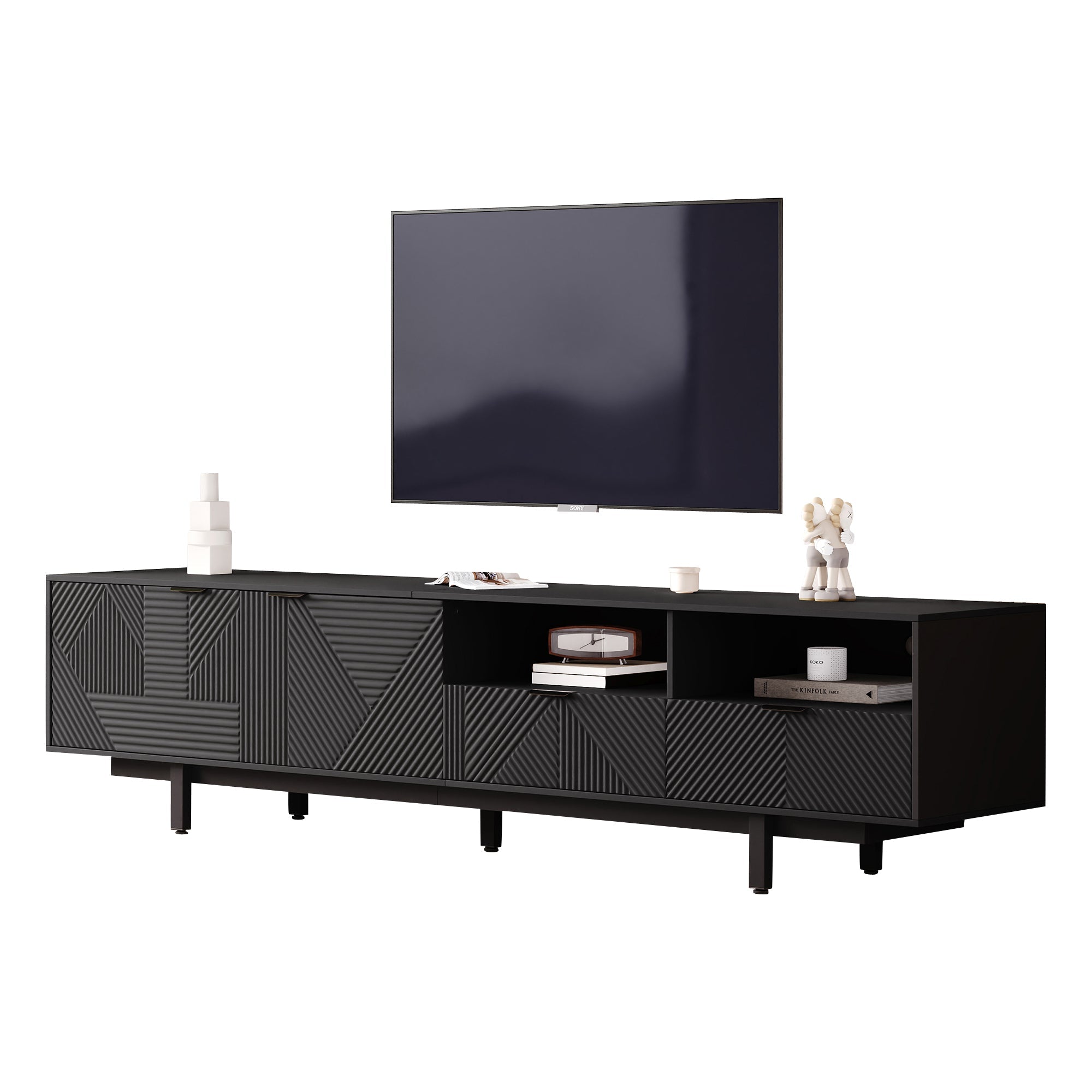 TV Cabinet Entertainment Center with Storage, Black Geometric Lines, Modern Bohemian Style