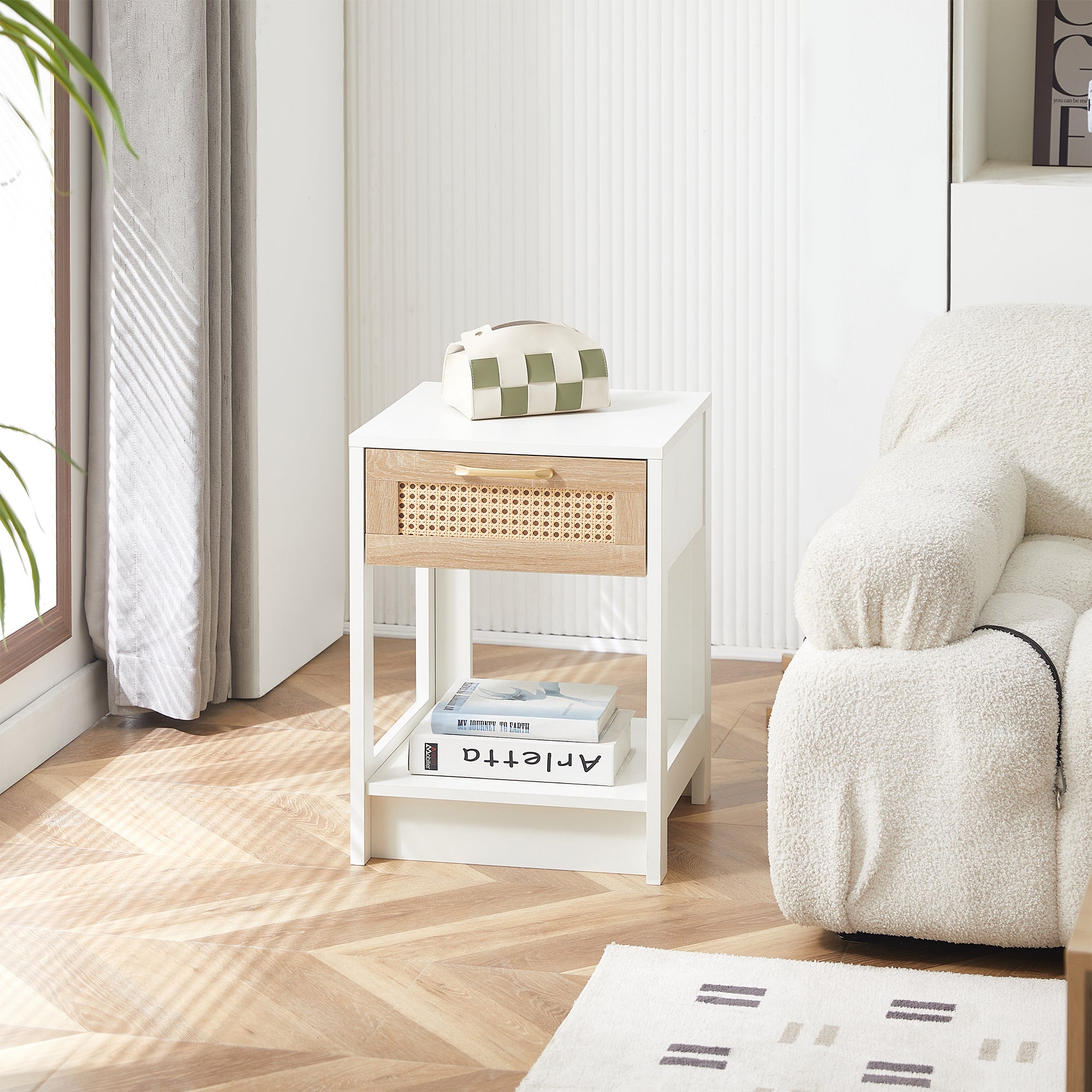 Rattan Side/Bedside Table with Drawer Modern - White