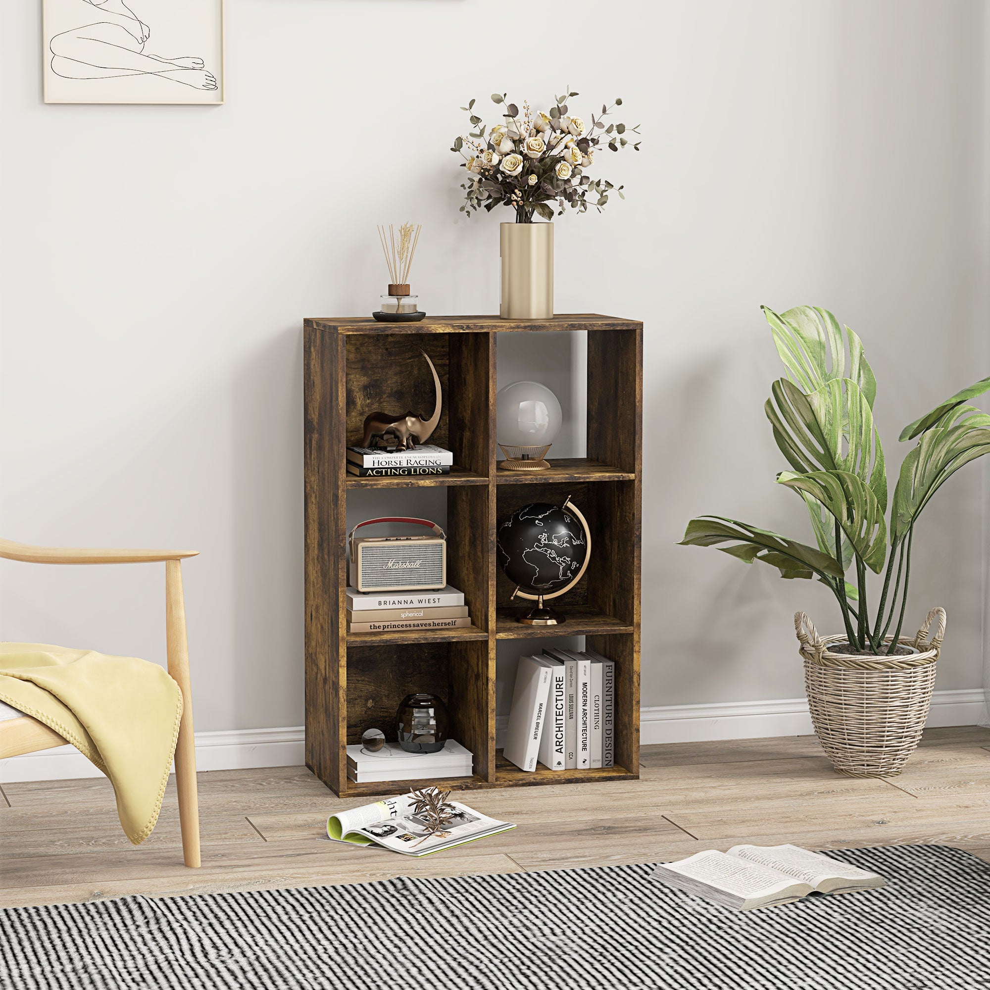 Bookshelf 6-Cube Storage Unit - Rustic Brown