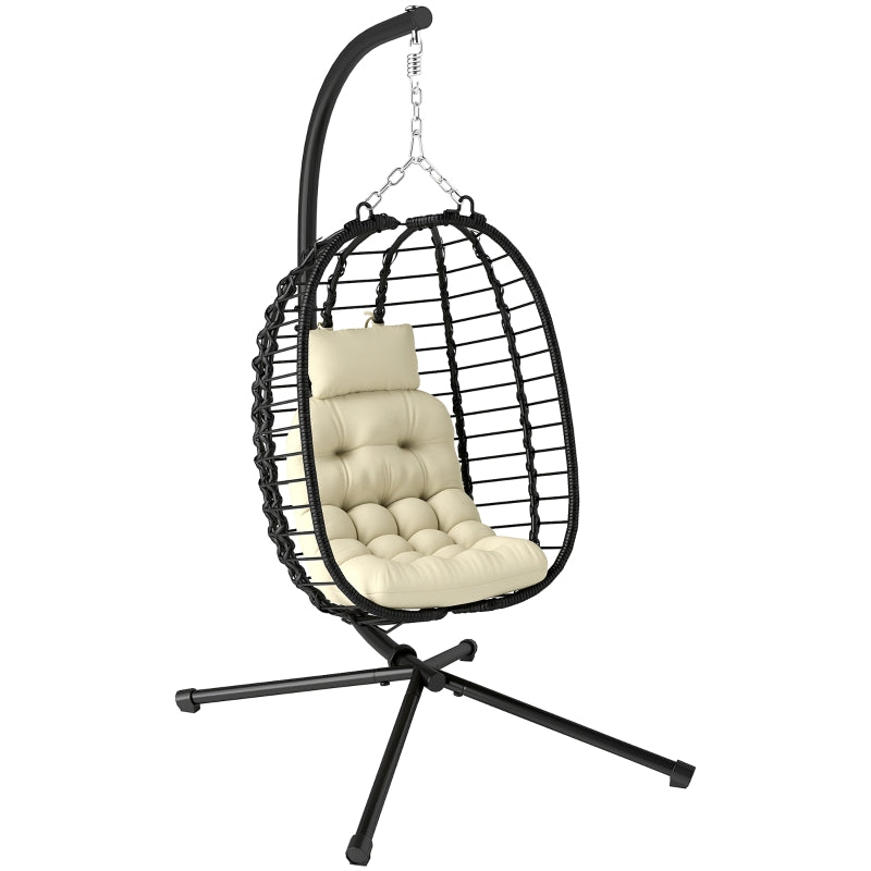 Rattan Hanging Egg Chair, Foldable Adjustable Height with Stand, Cream White