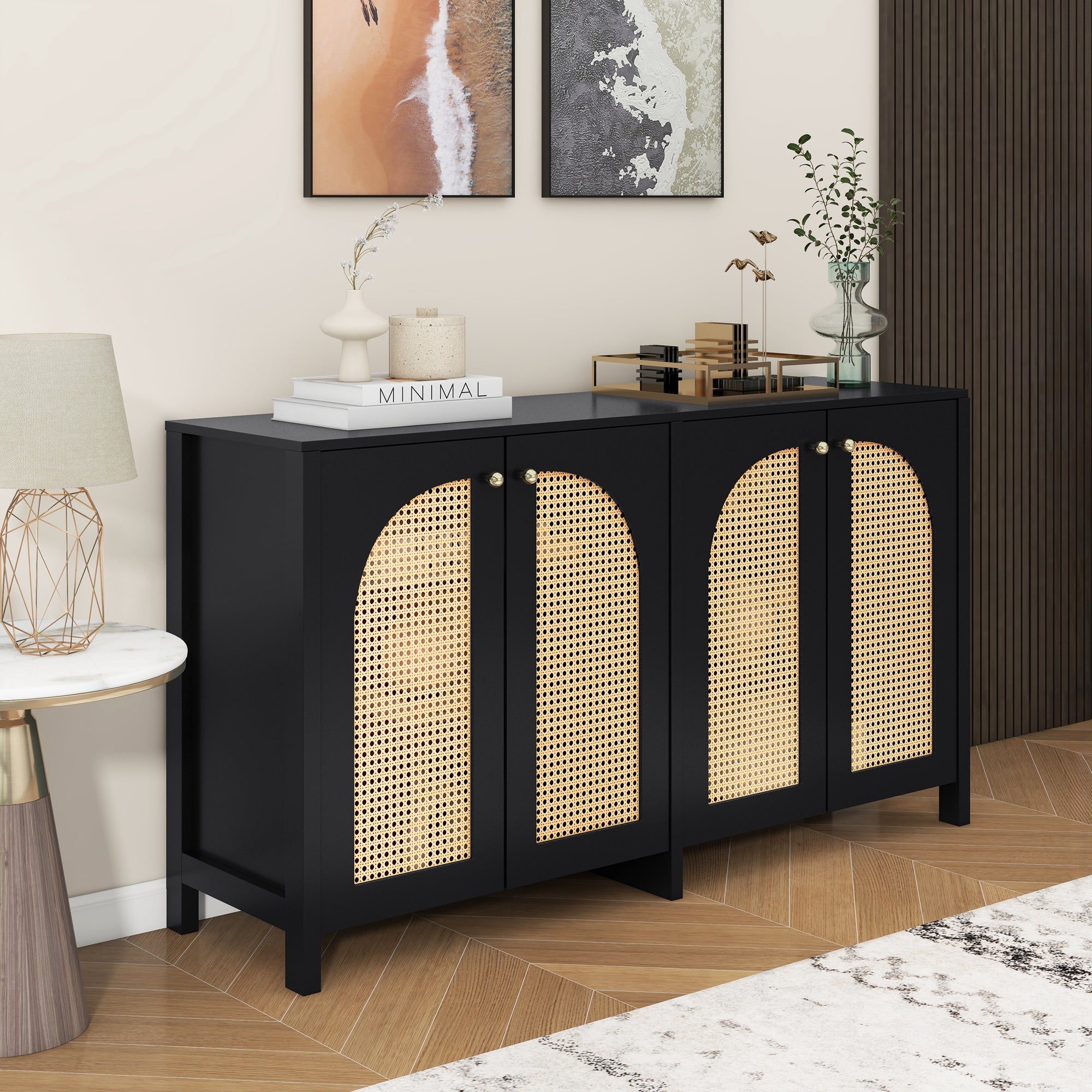 Sideboard, Minimalist with 4 Rattan Doors & Metal Handles, Black