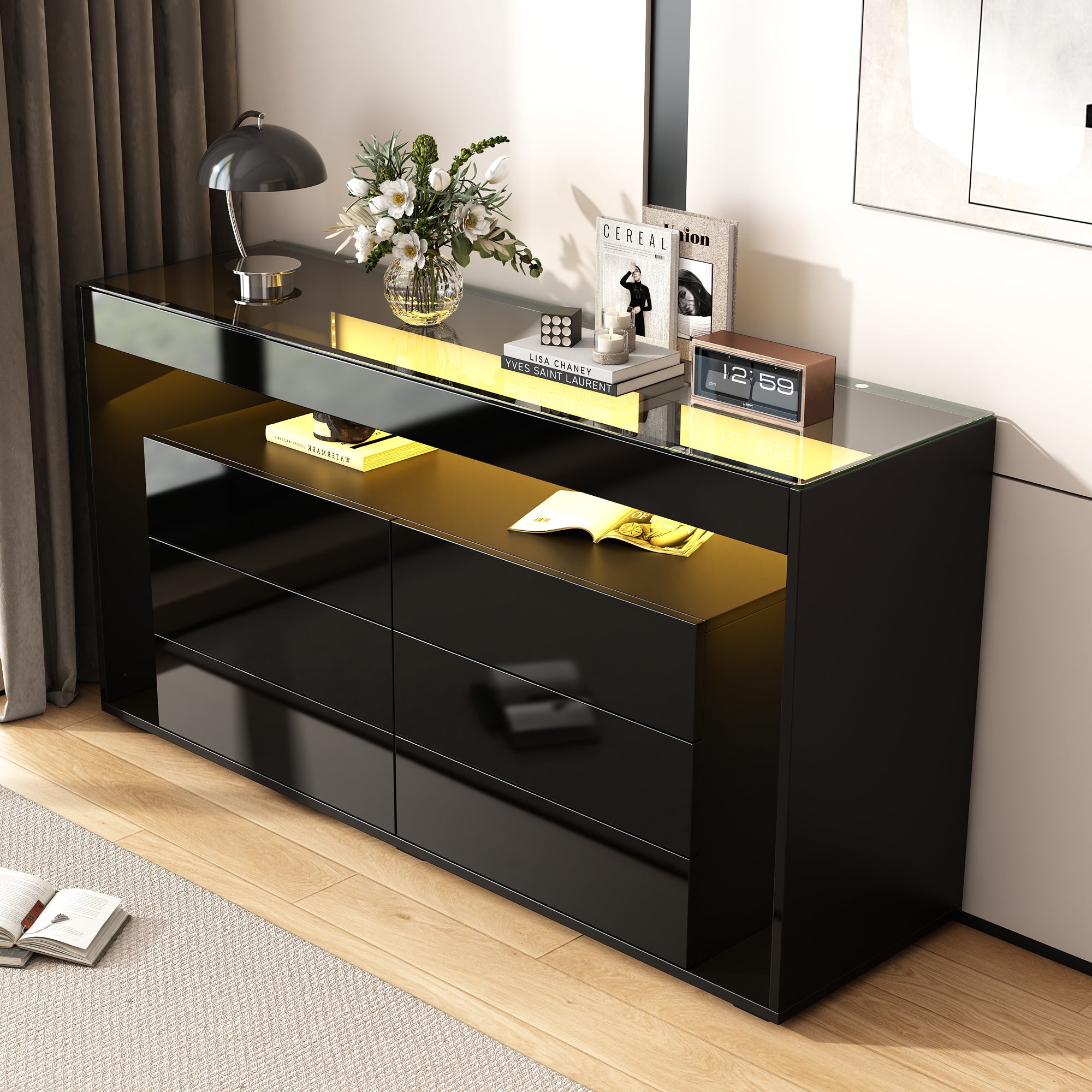 Sideboard, 6-Drawer LED High-Gloss with Tempered Glass Top, Black