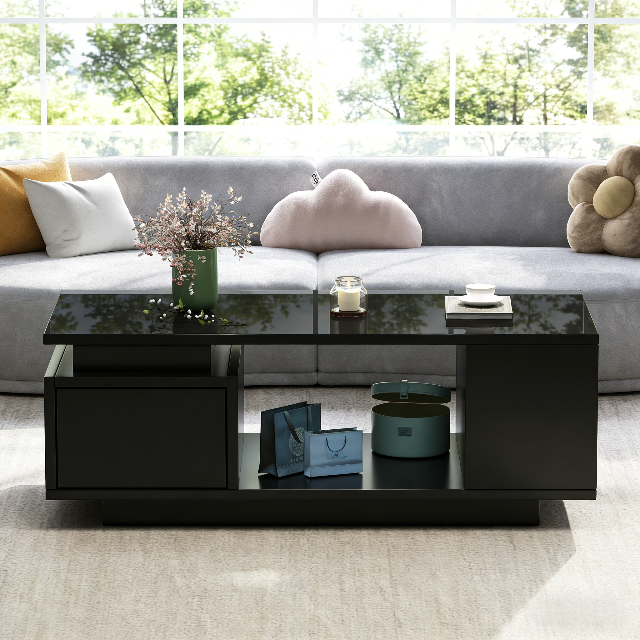 Coffee Table 100x50x36cm High-Gloss LED with Drawer Side Storage Black