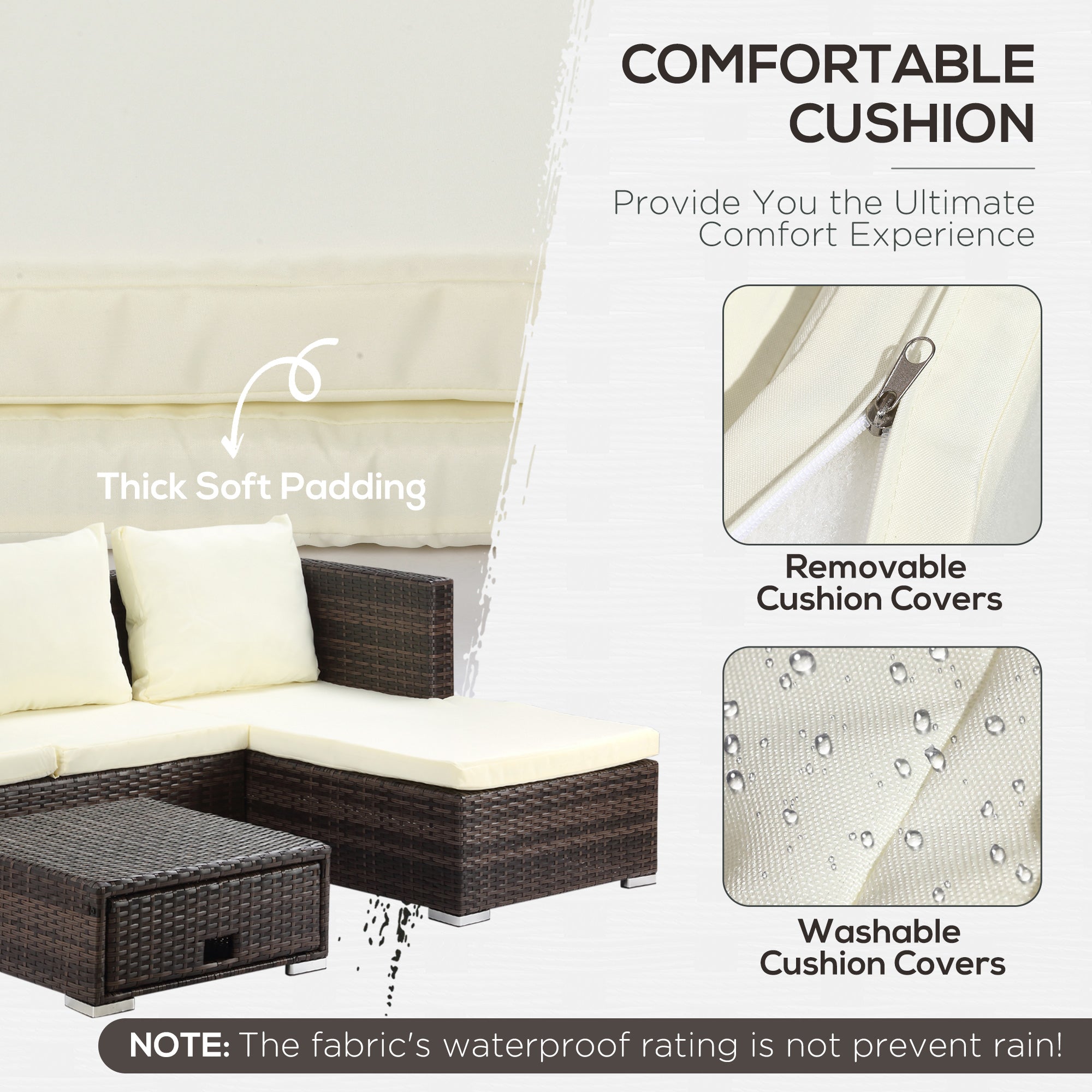 3 Pieces Garden Sofa Set, 4 Seater Corner Sofa with Reclining Sun Lounger & Storage Table, Brown Rattan