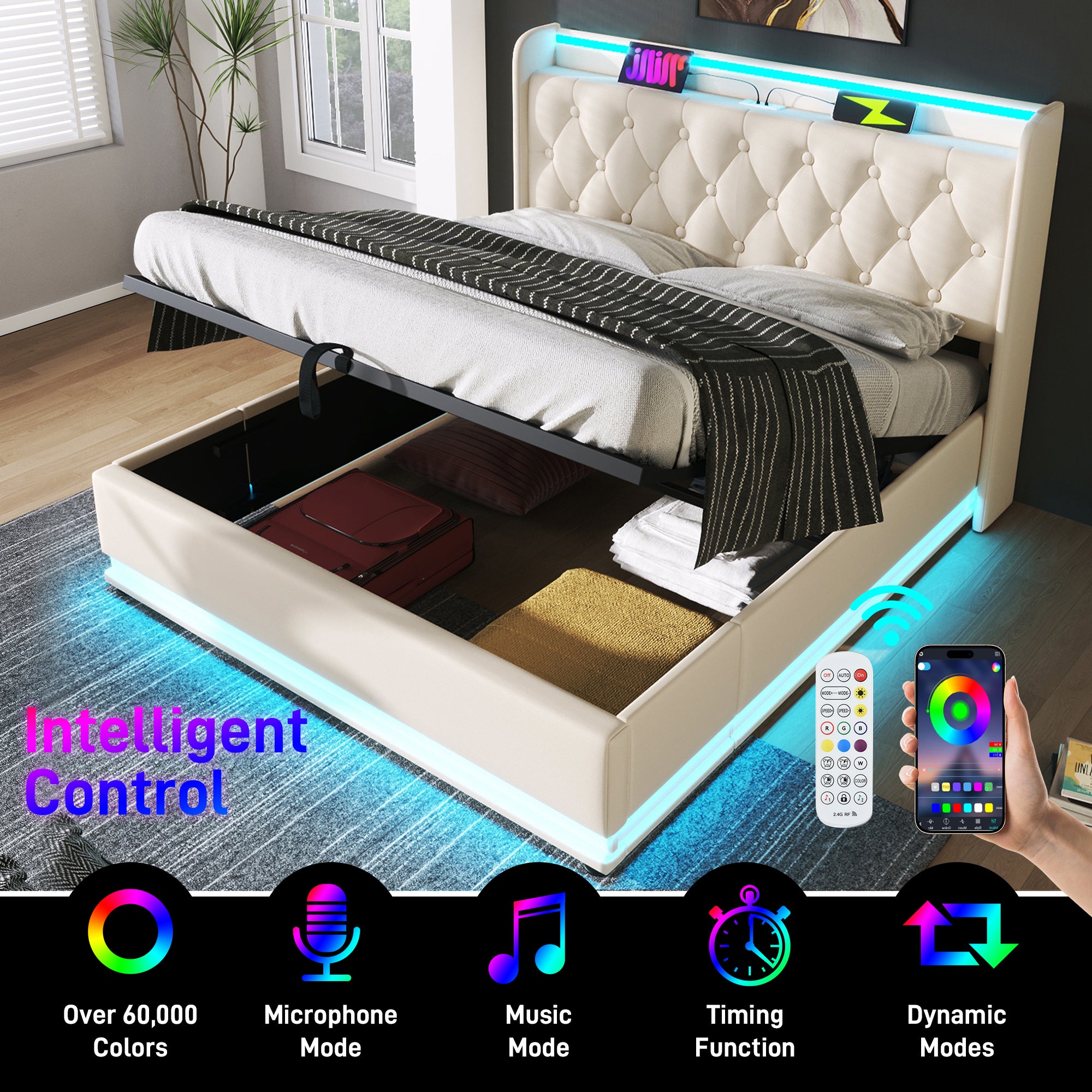 Upholstered King Ottoman Bed, 360 Surround LED, Hydraulic Storage, Charging Function, White PU