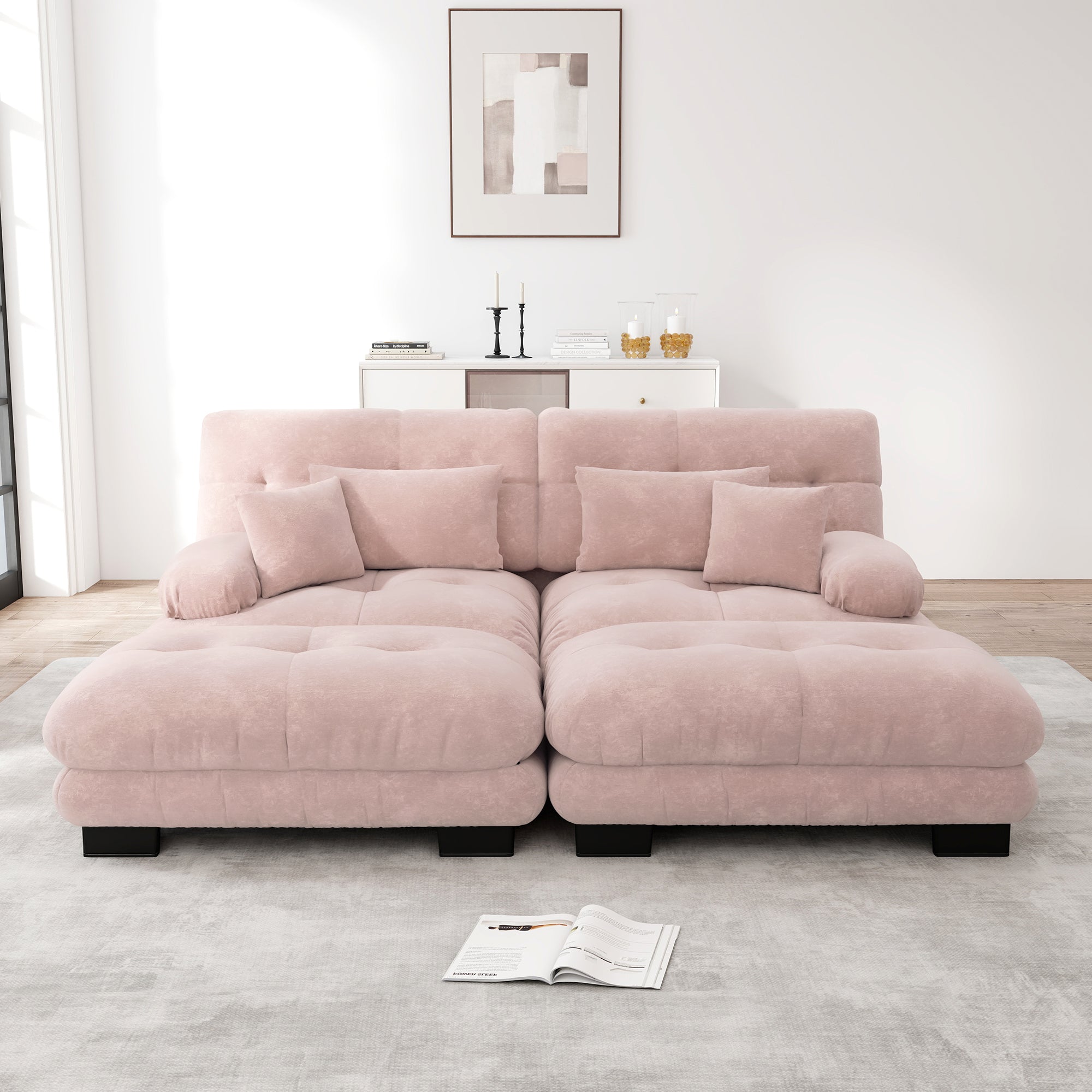 Cloud Corner Sofa, Double with Lumbar & Decorative Pillows, Ottomans, Chenille Pink
