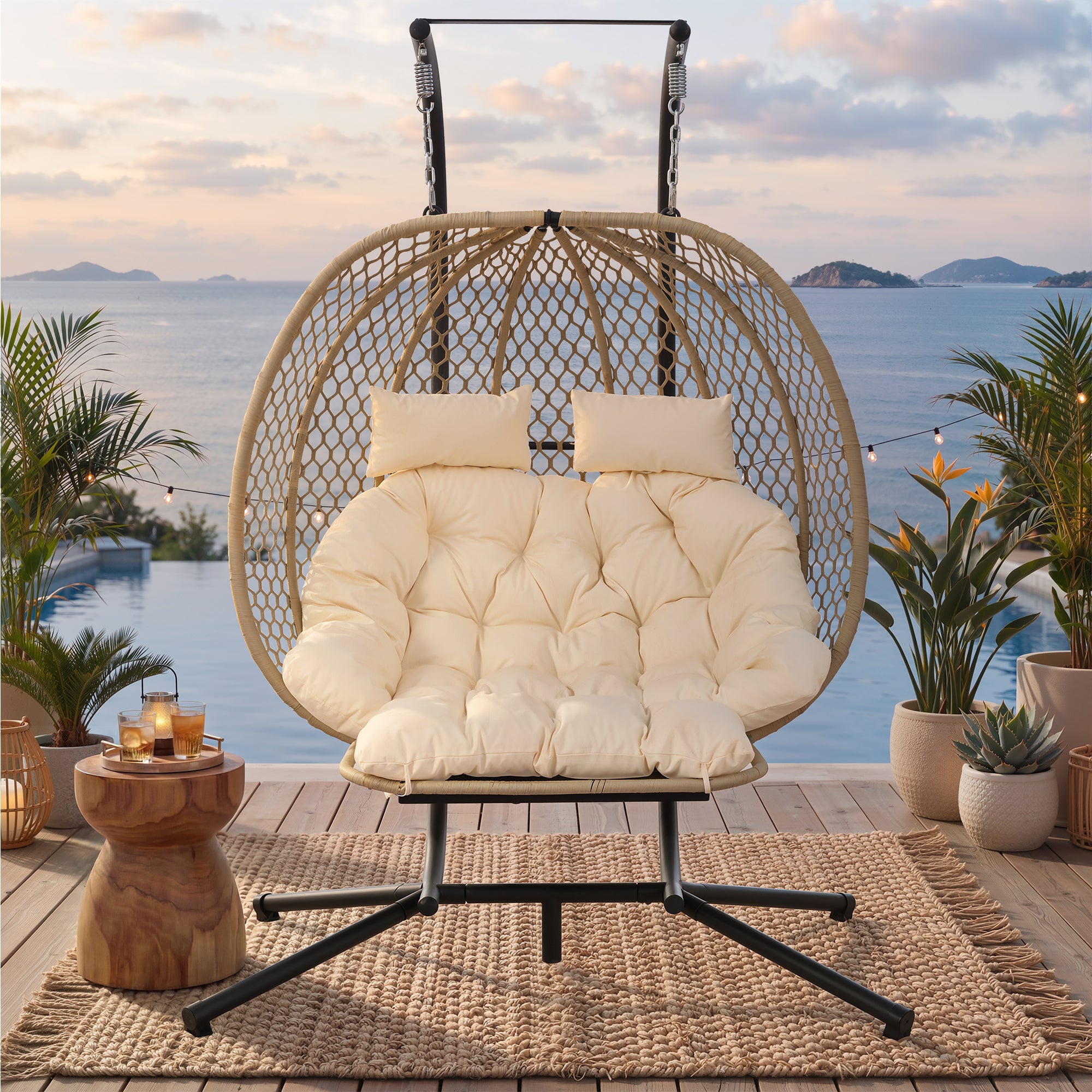 Double Hanging Egg Chair with Stand, Seat Cushion and Footrest, Outdoor/Indoor, Metal and Rattan