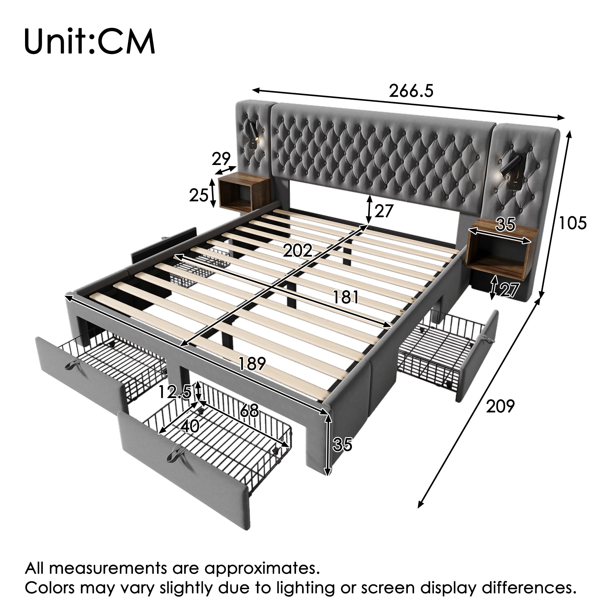 Bedroom Bed Set, Upholstered 180x200 cm with Nightstands, Drawers, Reading Light USB, Grey Velvet