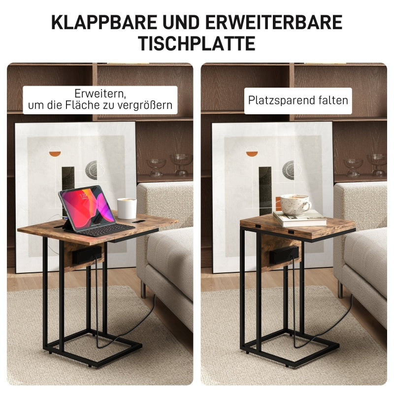 Foldable Side Table USB Charging Station 39x29x57cm - Brown Metal