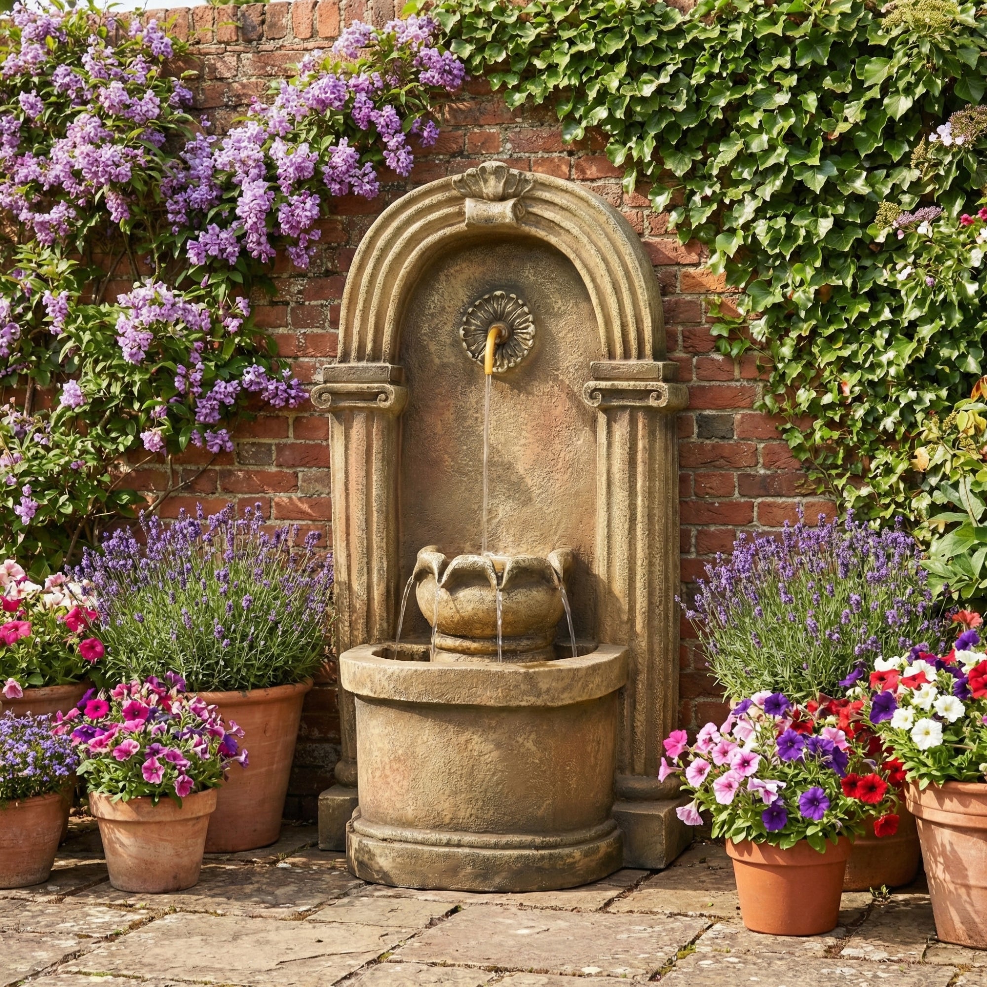 Garden Fountain with 230V Waterfall and Arched Design, Antique Style Metal