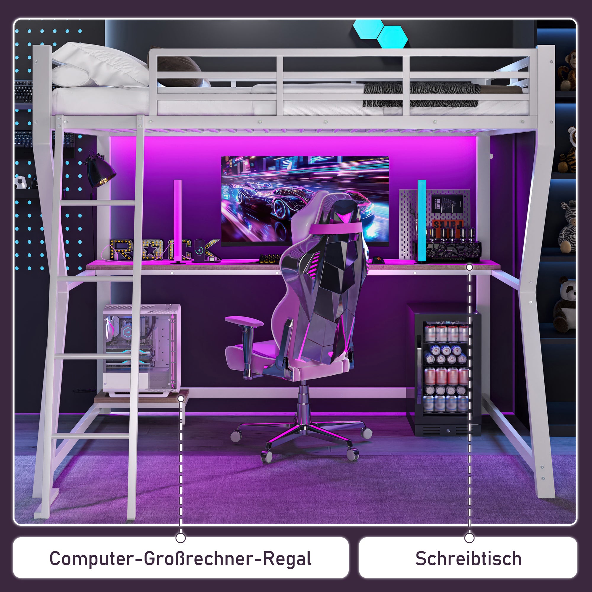 Loft Bed 90x200cm Desk LED USB Port Stairs - White