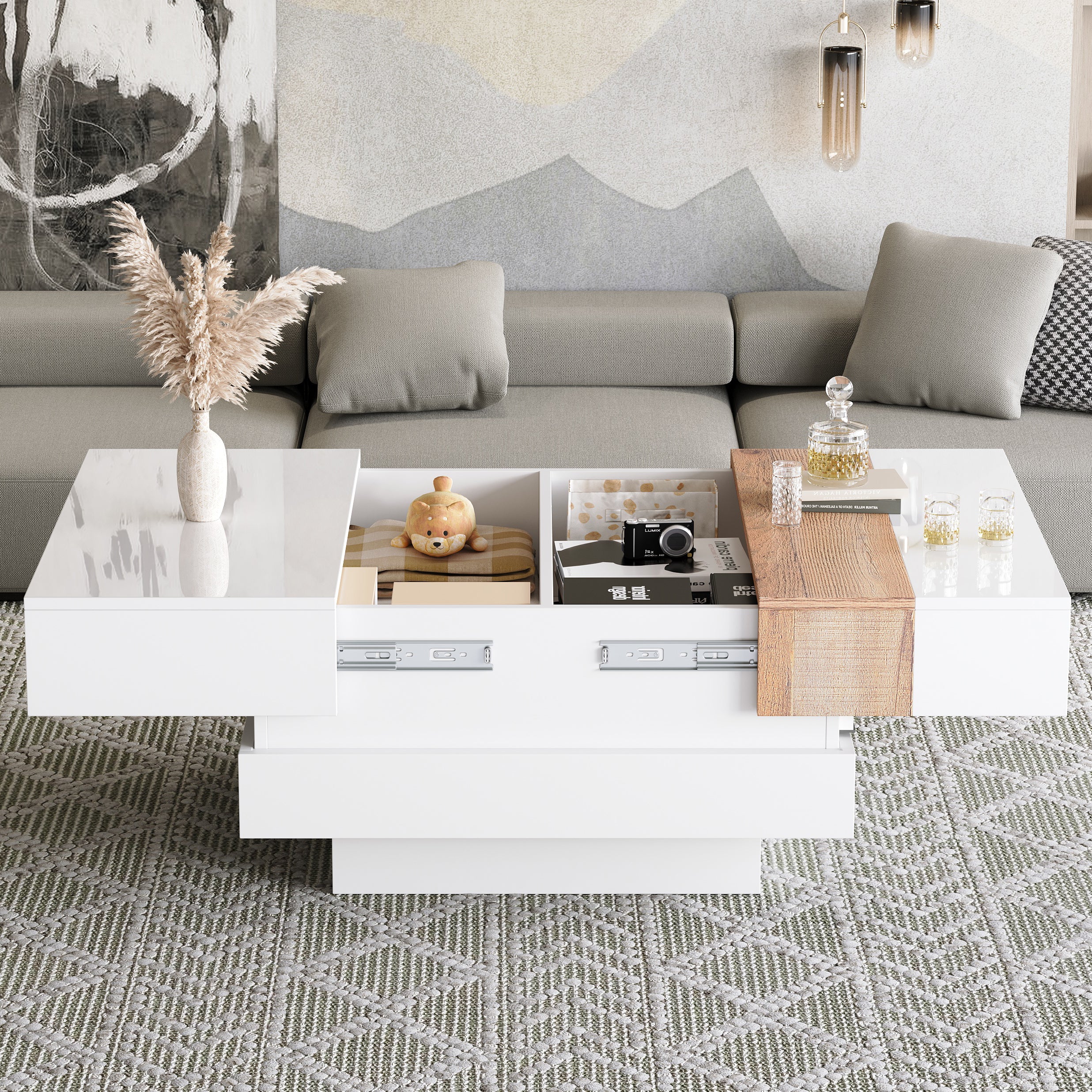 Coffee Table, Square with Extendable Top & Hidden Storage, White High Gloss