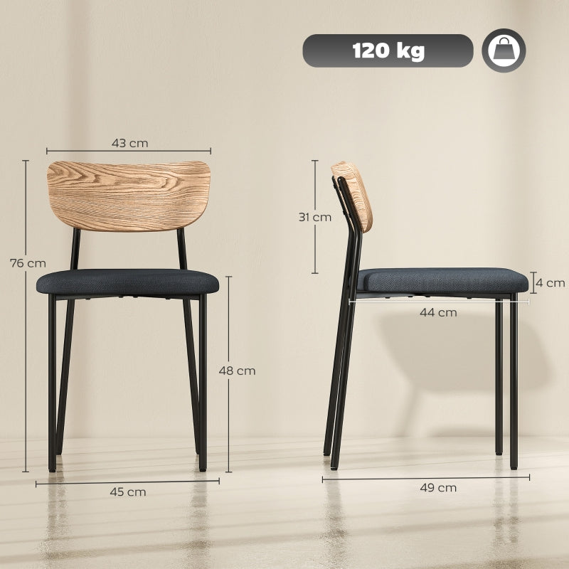 Dining Chairs Set of 2, Armless, Upholstered Steel Legs, Grey Linen Look