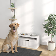 Raised Dog Bowl with Slow Feeder, Two Stainless Steel Bowls, Drawer, White