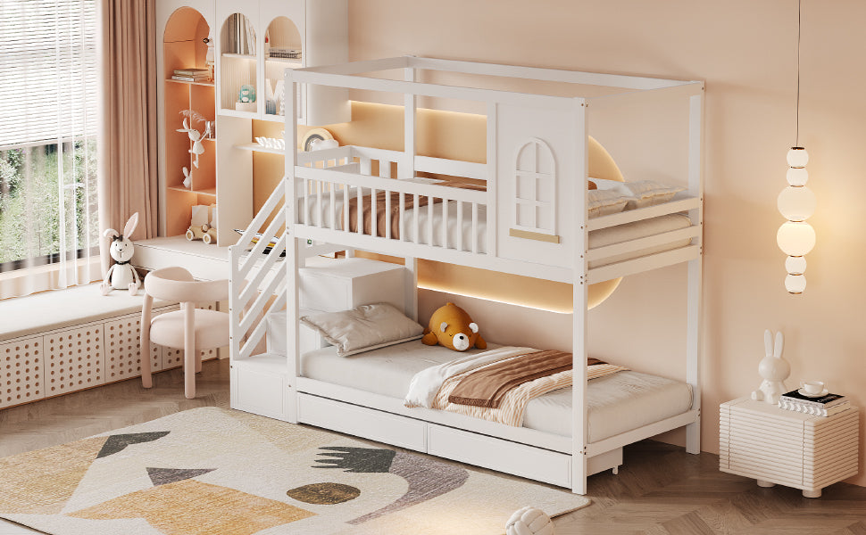Bunk Bed Solid Wood 90x200cm House Shape with Drawers and Ladder, White