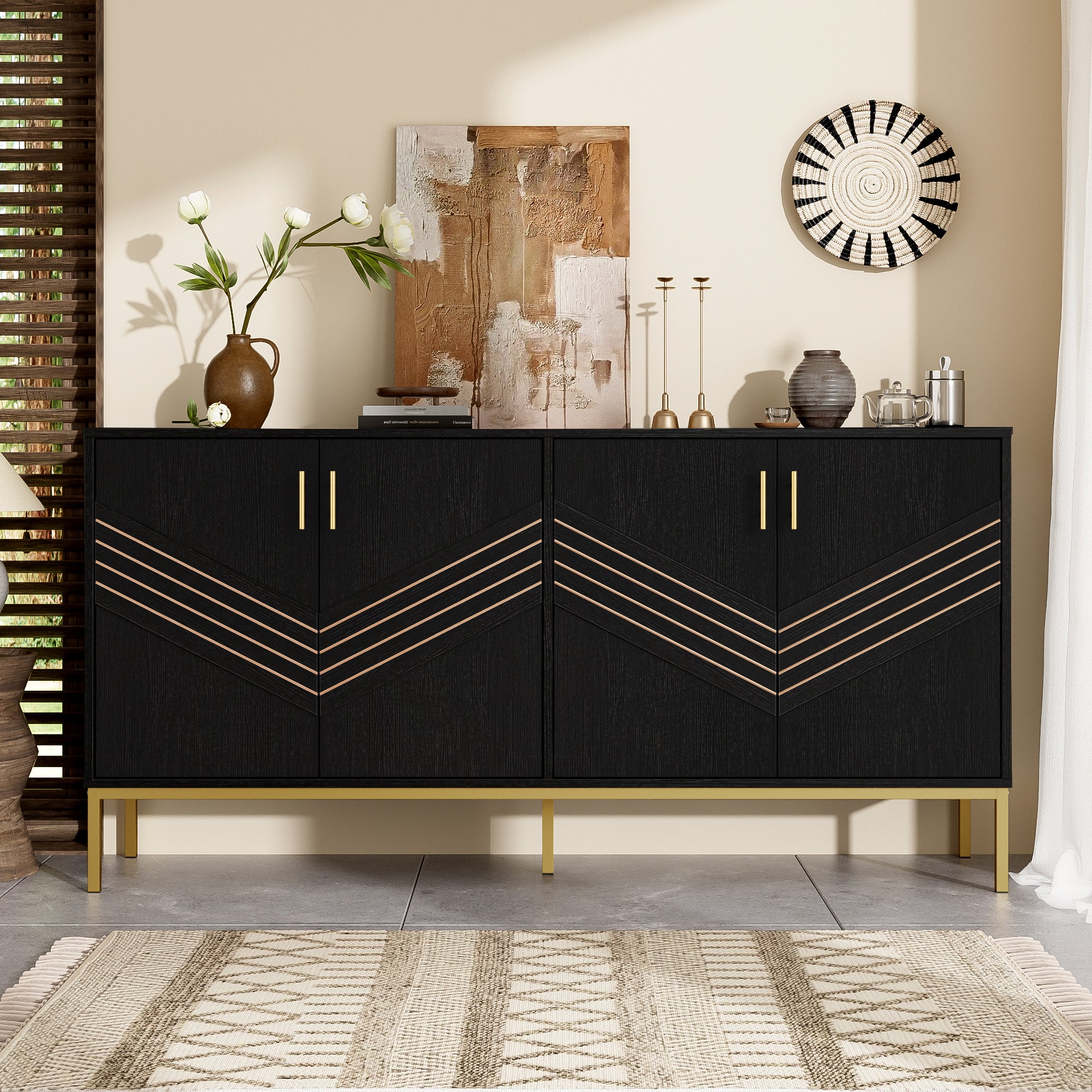 Sideboard, 4-Door Modern Large Capacity with Adjustable Shelves, Black and Gold MDF