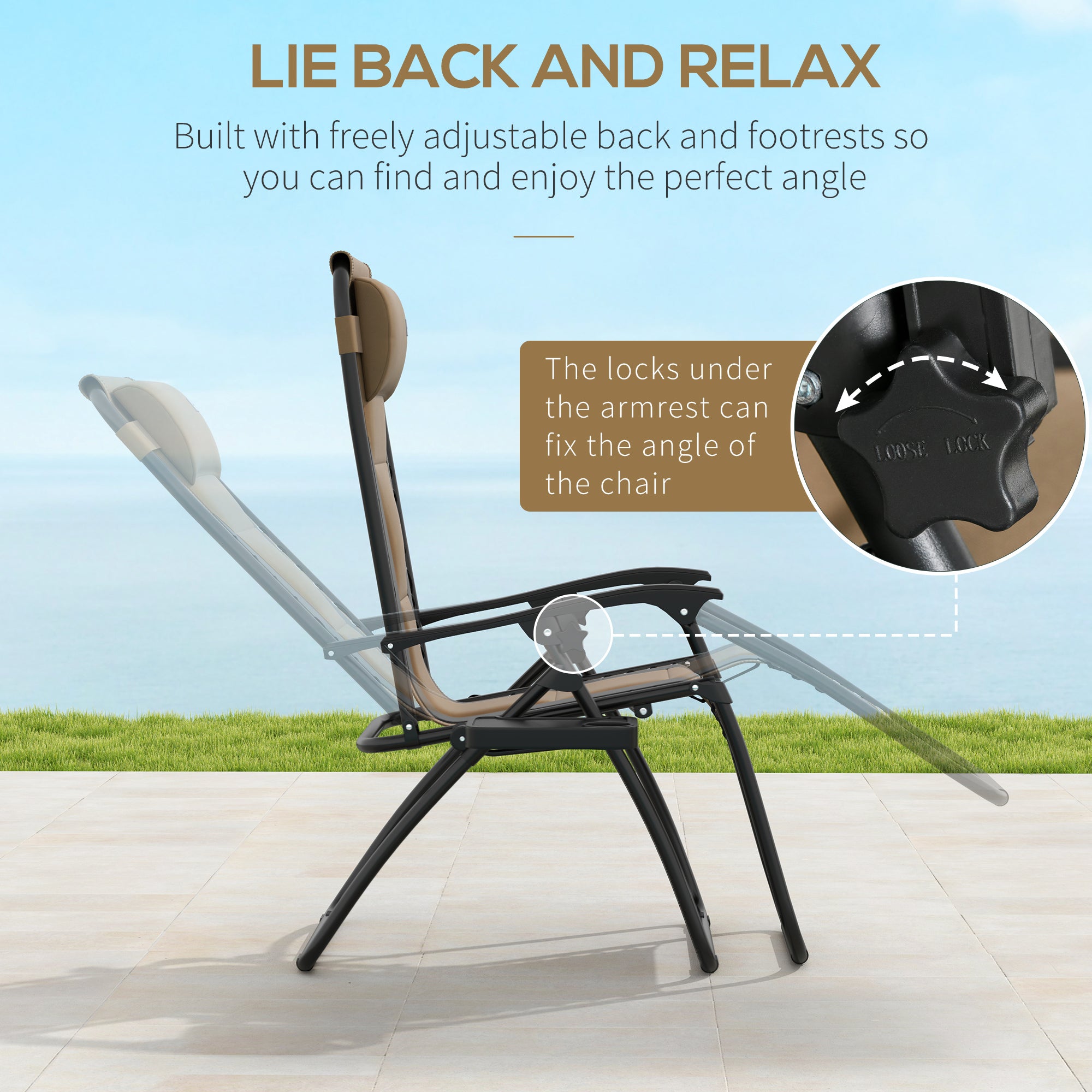 Zero Gravity Lounger Chair Set of 2, Folding Reclining Patio Chair with Padded Seat and Cup Holder, Coffee