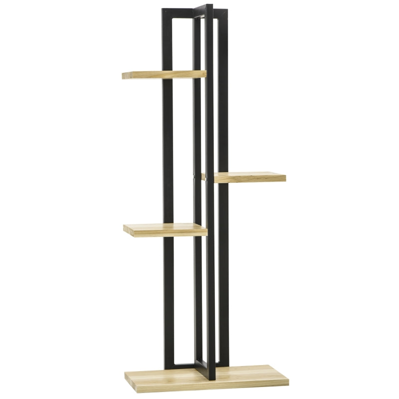 4-Tier Plant Stand, Adjustable 110cm High, Indoor Outdoor, Wood Black+Natural Wood