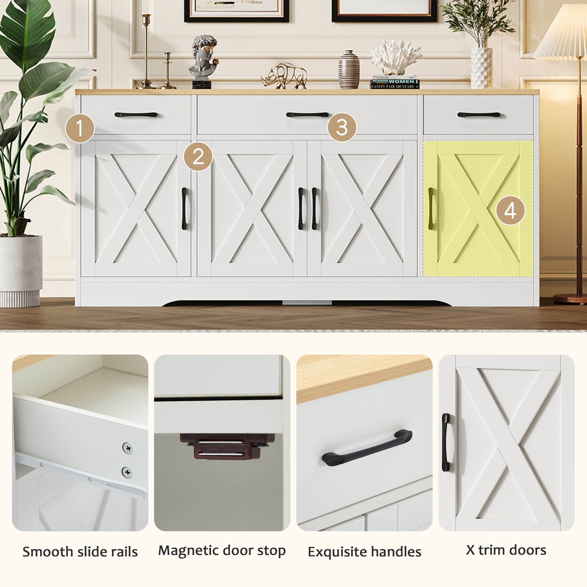 Sideboard Multifunctional Wooden Cabinet, White