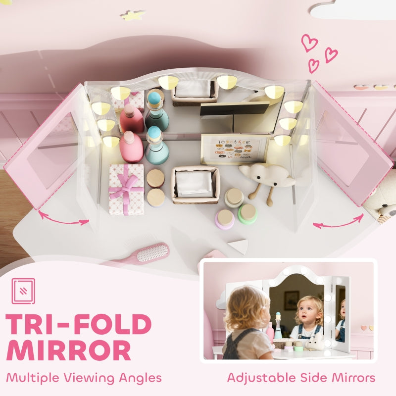 Kids Dressing Table and Stool Set with 2-Colour LED Lights Tri-Folding Mirror, White