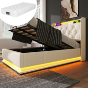 Upholstered Single Bed, 360° LED Hydraulic Storage, USB Type-C, White PU Leather