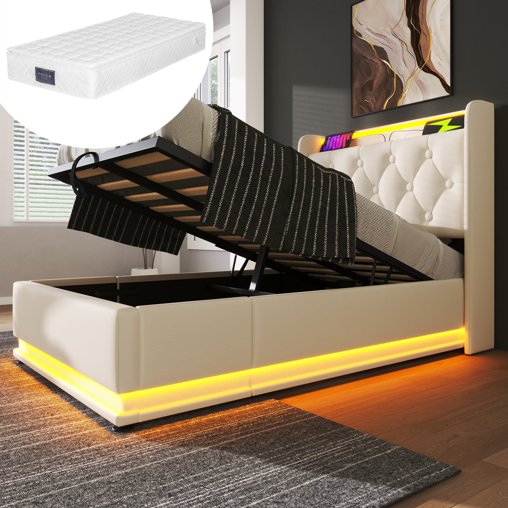 Upholstered Single Bed, 360° LED Hydraulic Storage, USB Type-C, White PU Leather