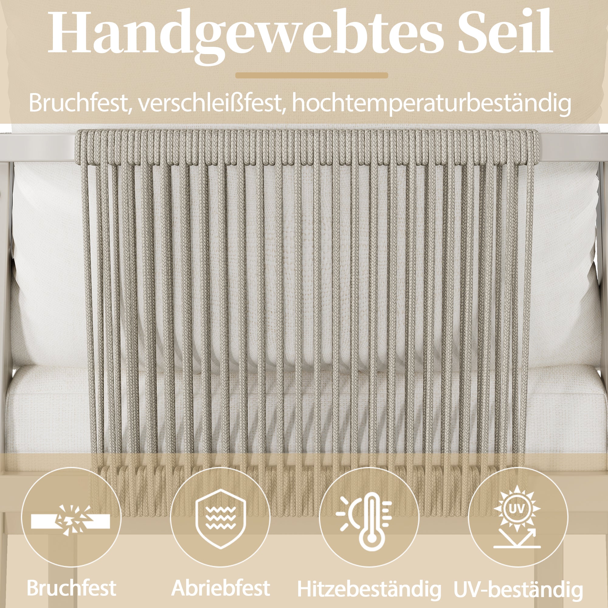 Garden Dining Set for 4 People with 1 Table and 4 Chairs, Woven Rope Design, Khaki and Beige