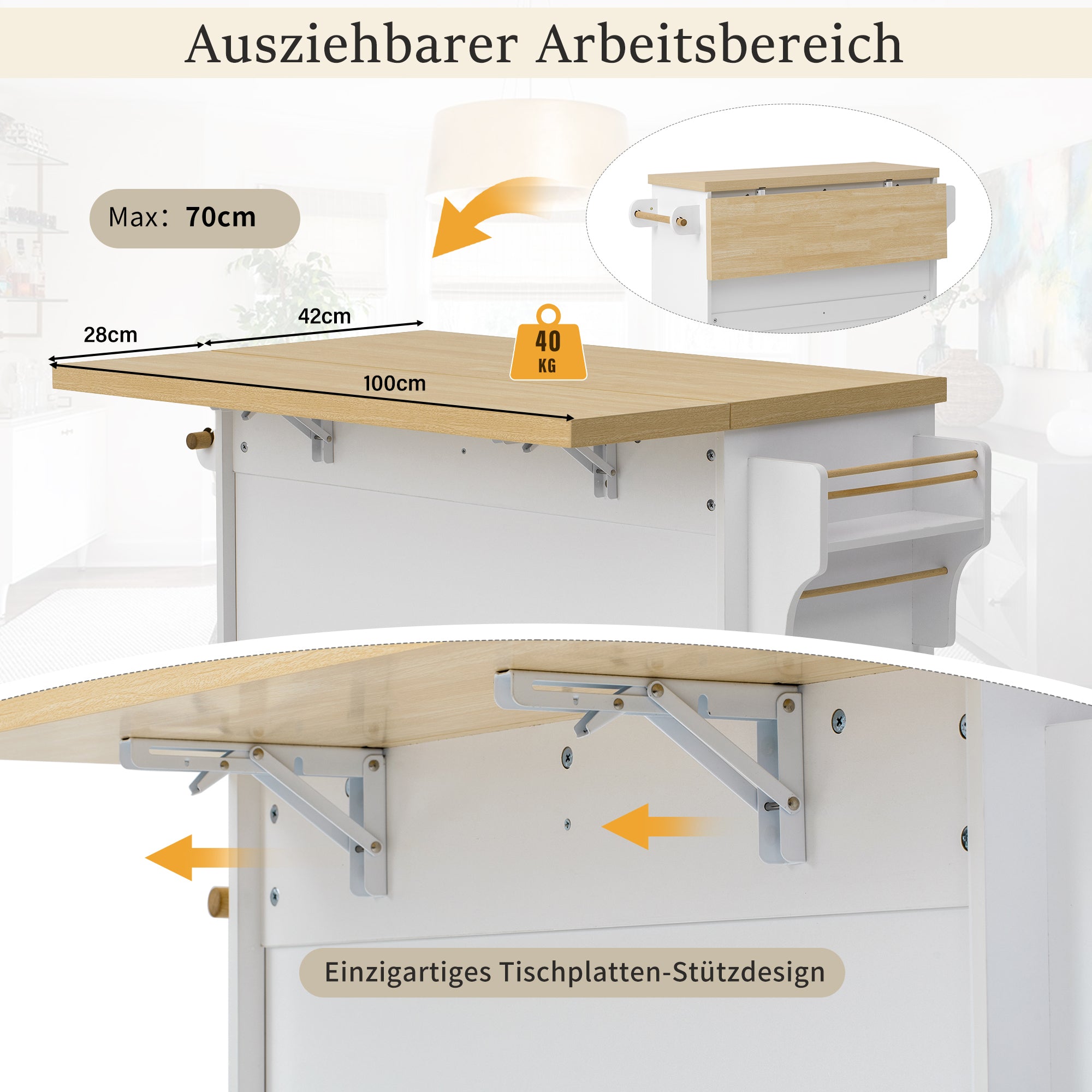 Mobile Kitchen Island Extendable Table Wheels Wine Glass Holder Storage - White
