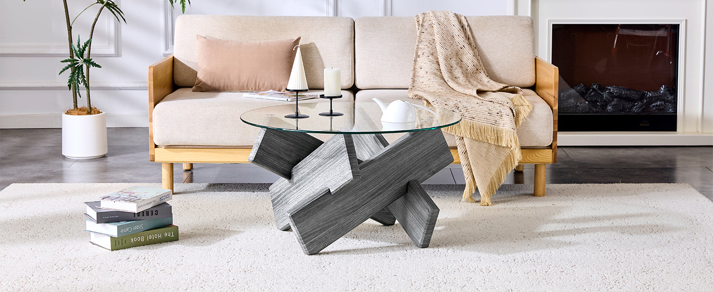 Round Coffee Table 79cm Tempered Glass Cross Legs - Gray MDF