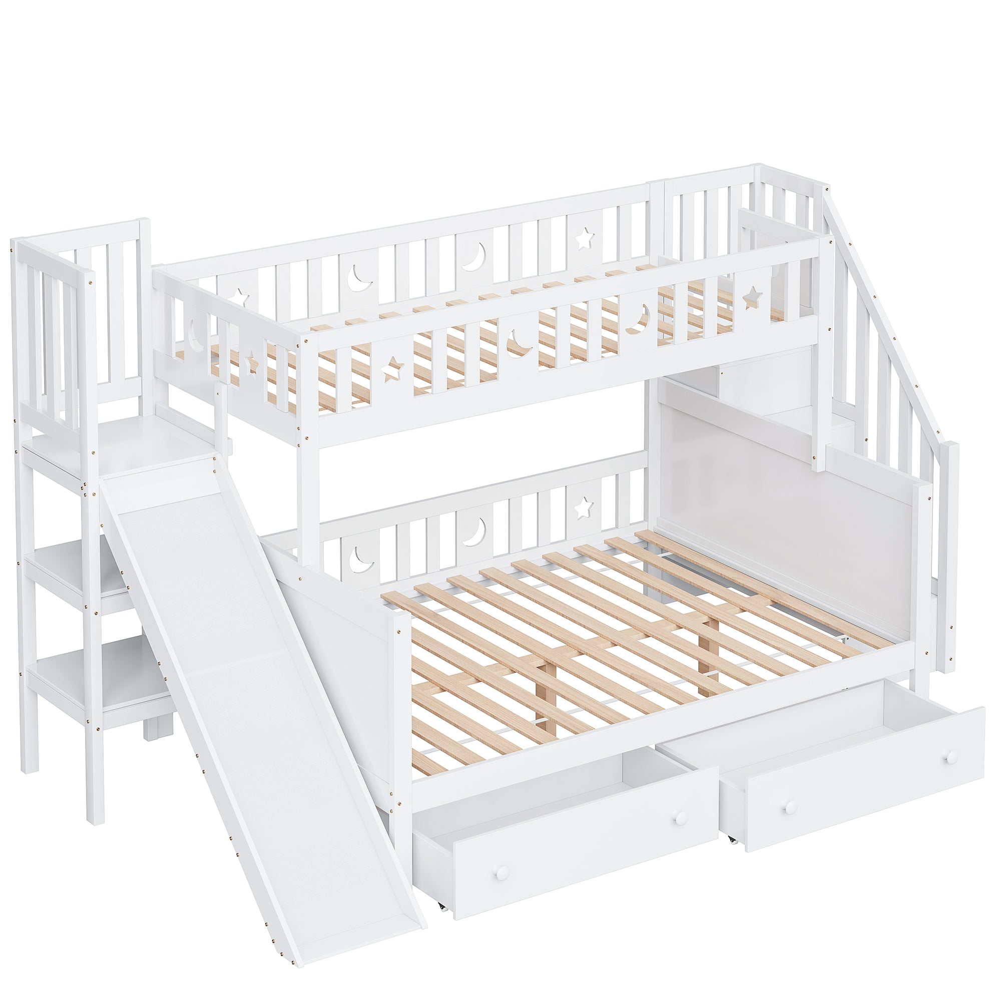 Children's Bed Bunk with Slide, Shelf, Drawers, White