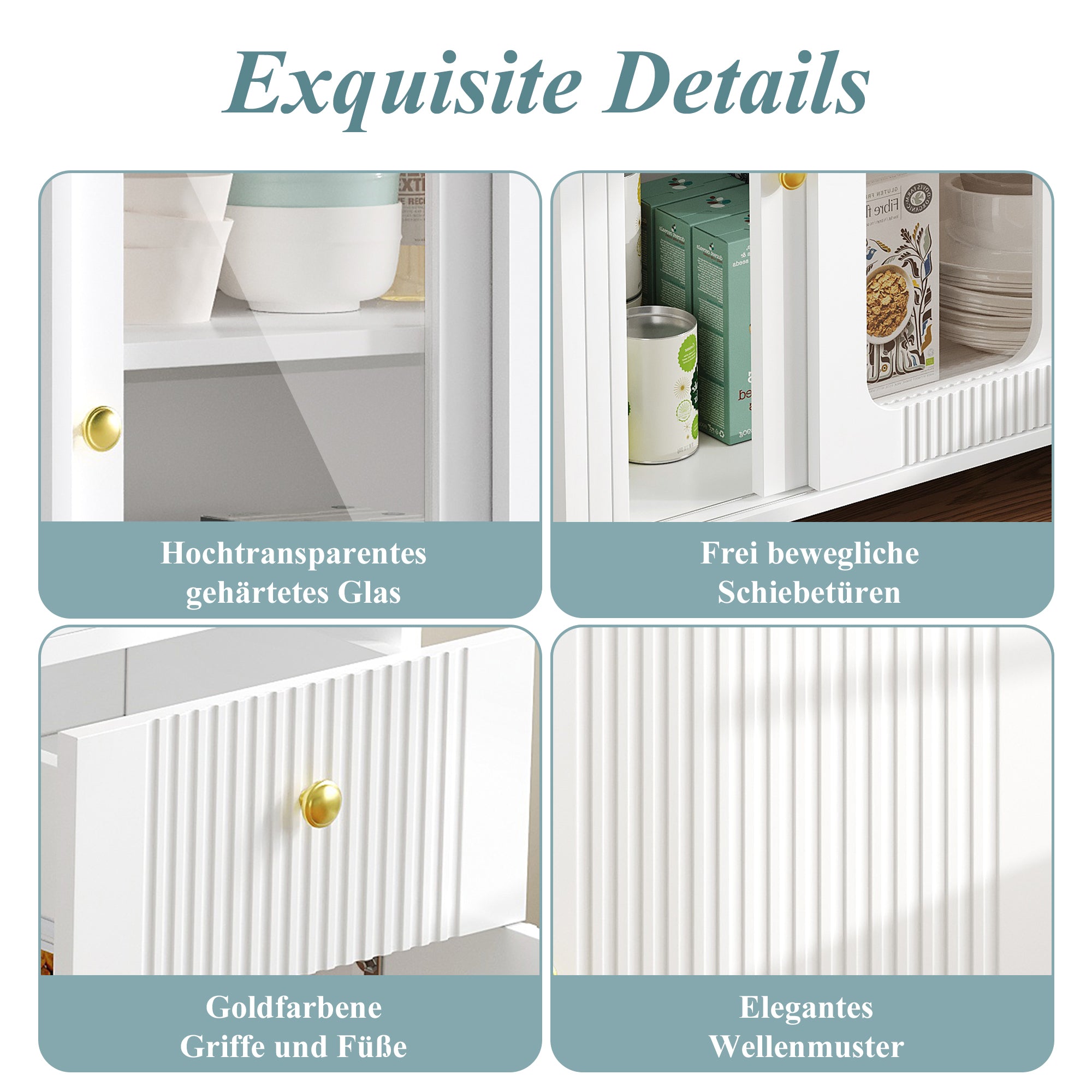 Buffet Sideboard Folding Extendable Top Rotating Glass Wave Doors - White