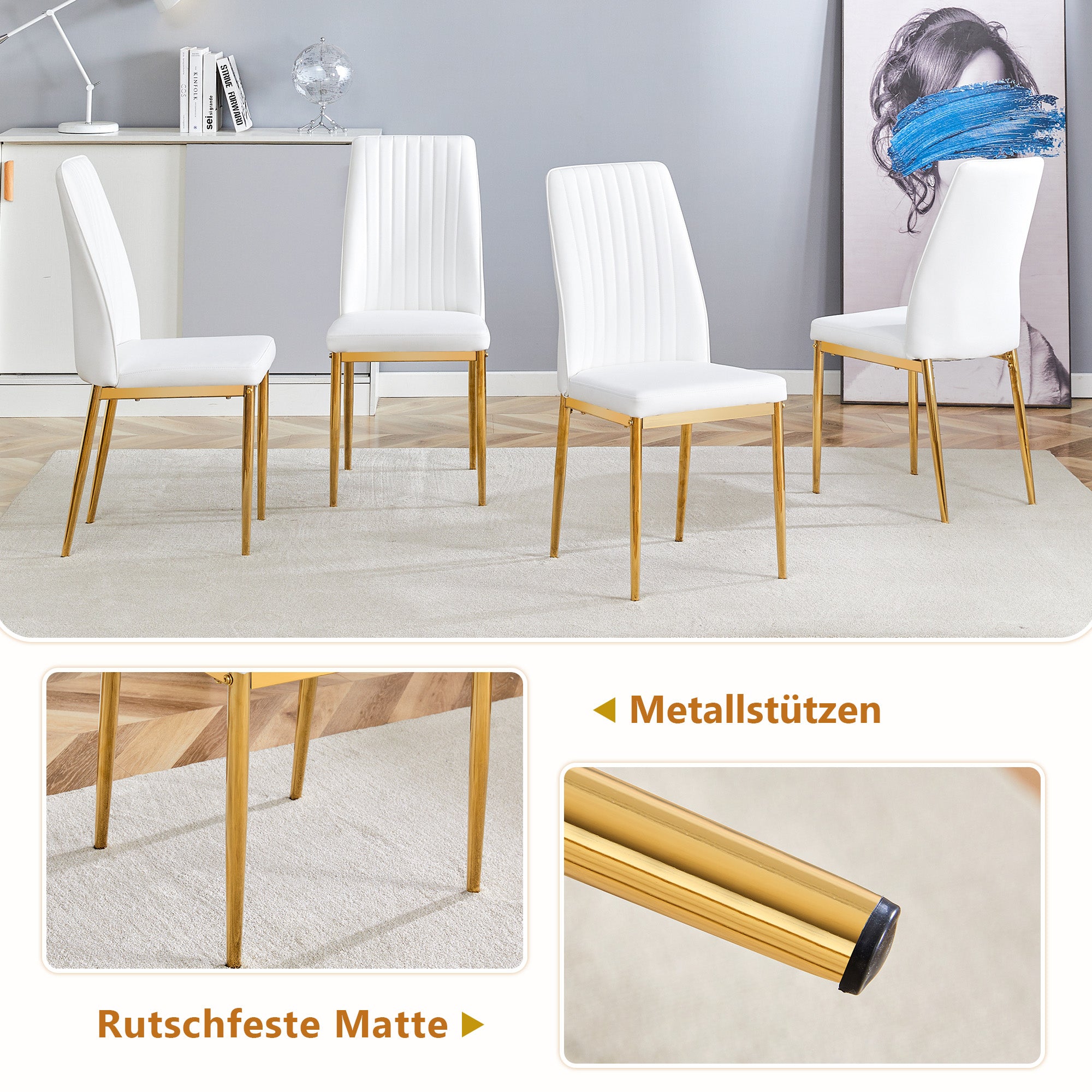 Table set with rectangular dining table, storage shelf, 4 armchairs, faux leather