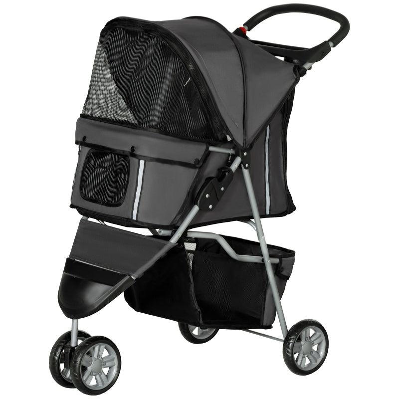 Dog Stroller Buggy, Foldable Mesh Windows Cup Holder, Dark Grey