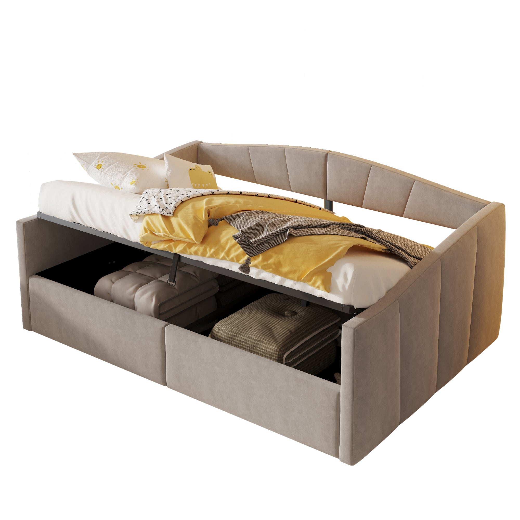 Upholstered Sofa Bed, 140x200cm Hydraulic Storage Slatted Frame Armrests, Light Grey Velvet