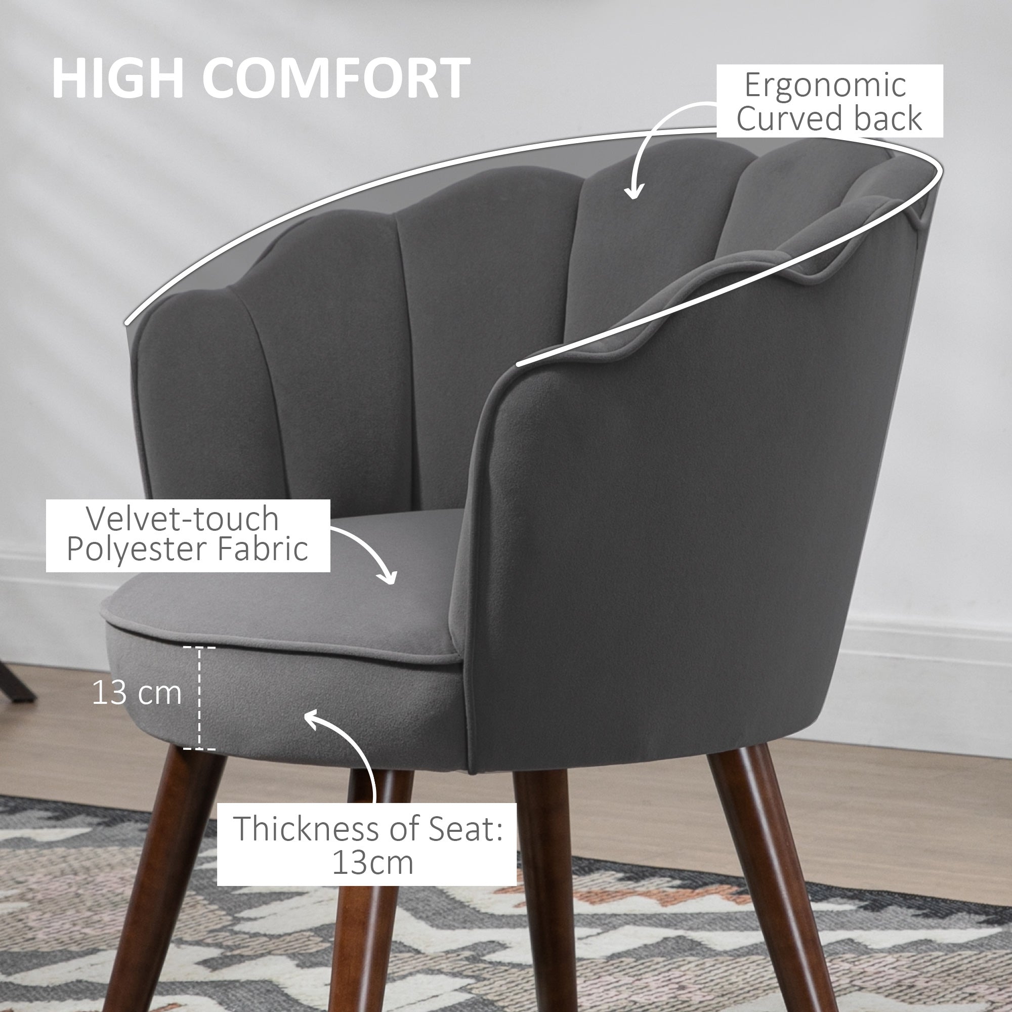 Dining Chair Armchair with Backrest, Polyester Rubberwood, Dark Grey