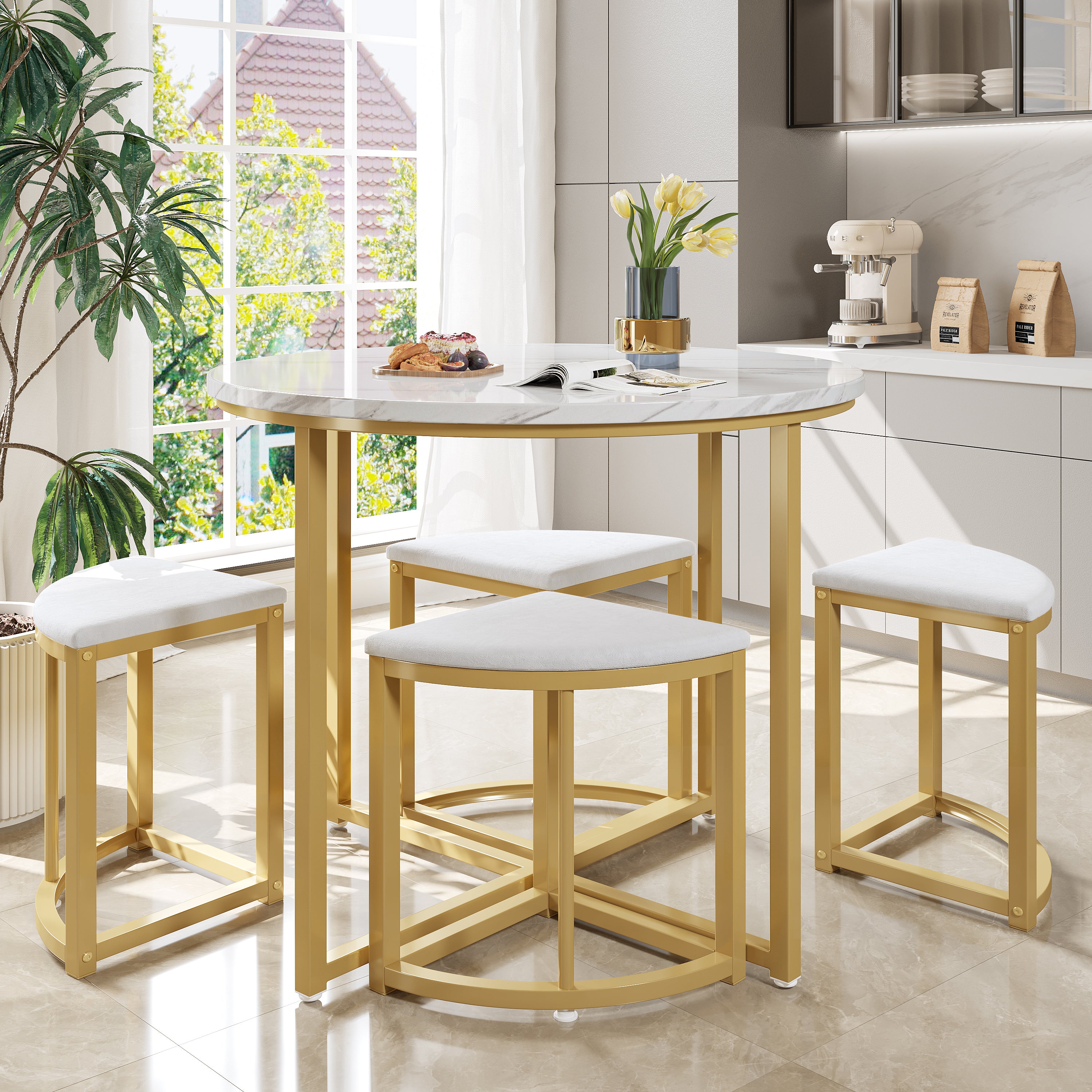 Dining Room Table Set with Four Chairs, MDF & Gold-Plated Iron, Velvet, White