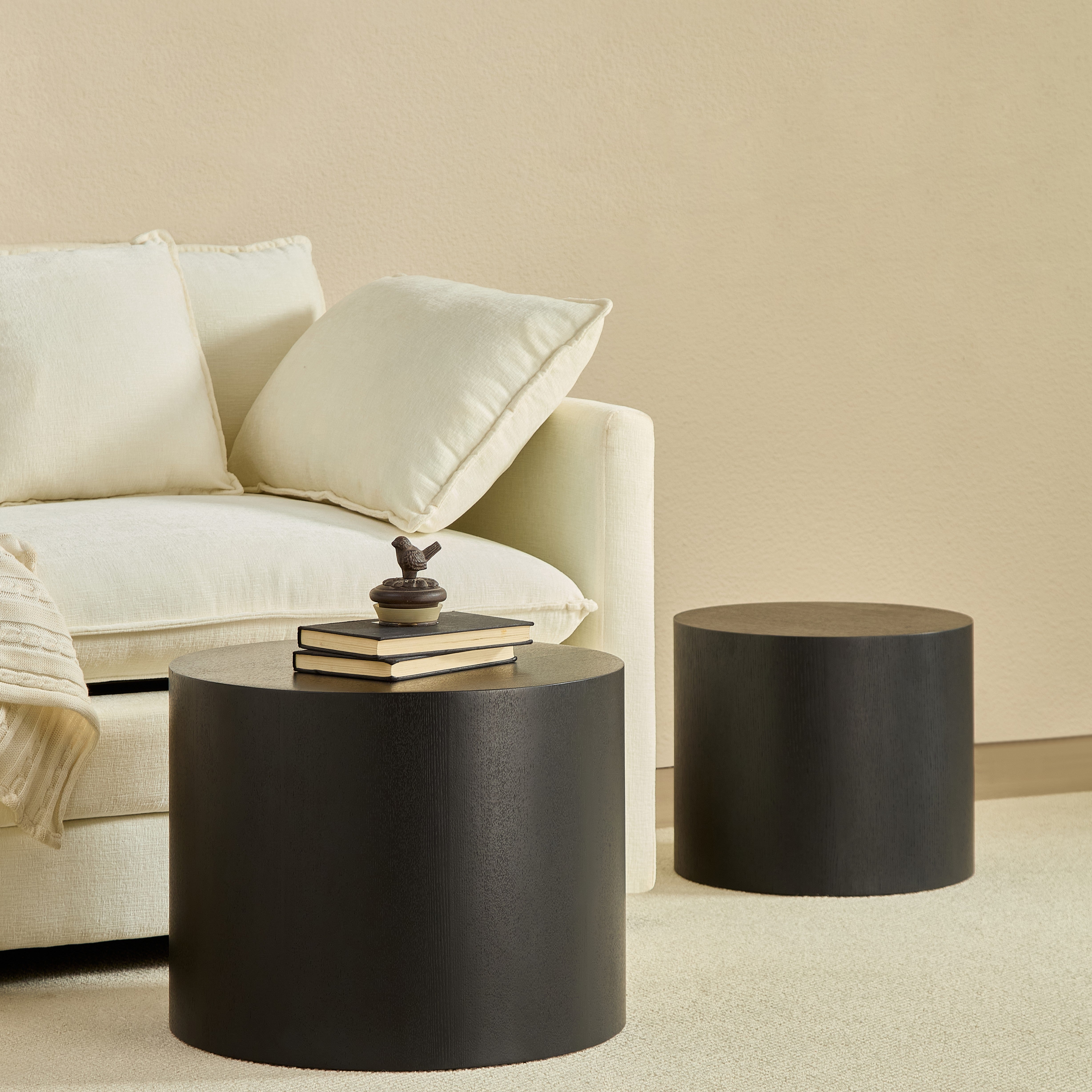 Modular Nesting Coffee Table Set of 2, Convertible and Space-Saving, Black and Oak or White Finish