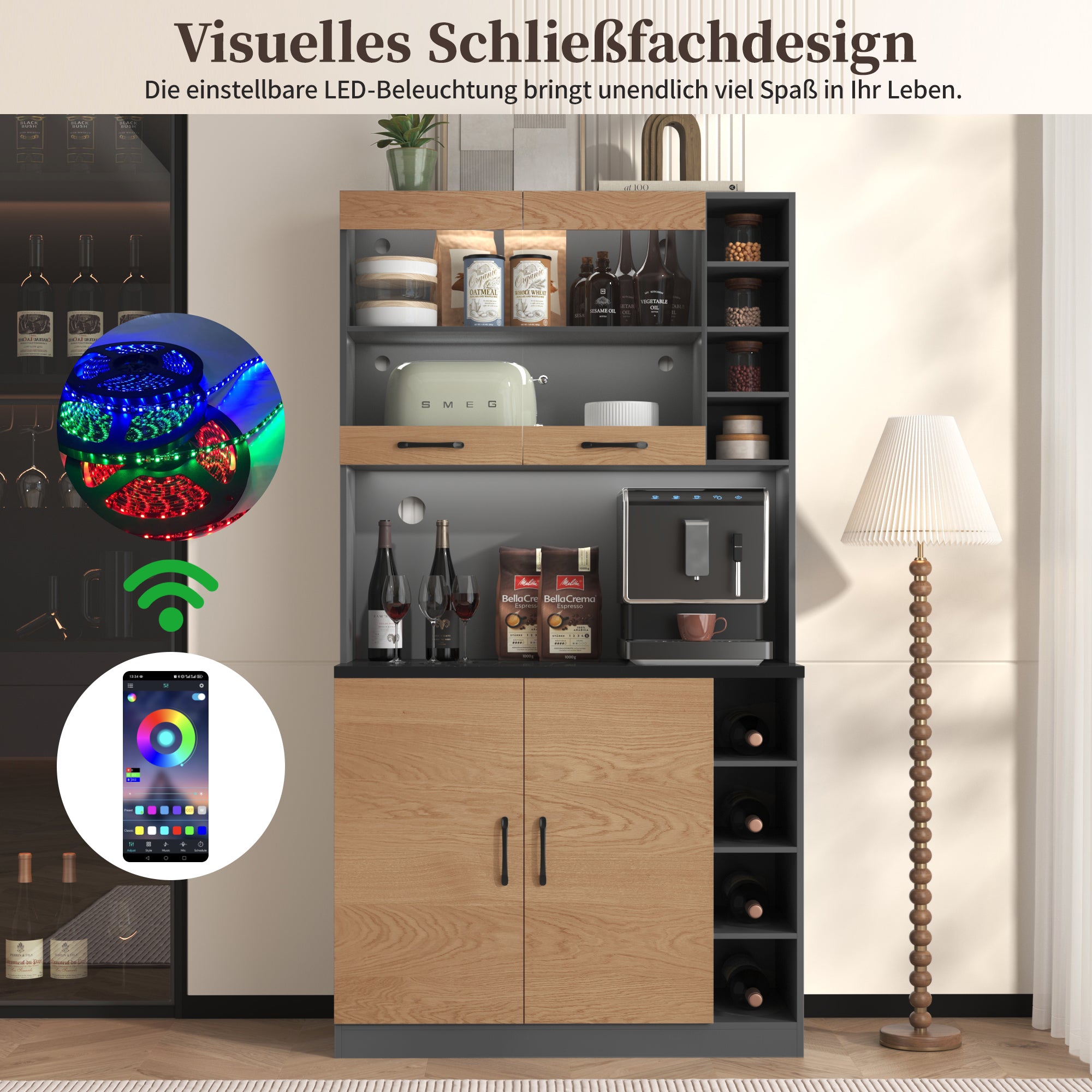 Kitchen Highboard Buffet 100x187cm LED Lighting Microwave Storage - Wooden