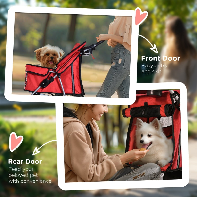 Pet Stroller, Dog Pram, Foldable Pushchair with Wheels and Zipper Entry, Red