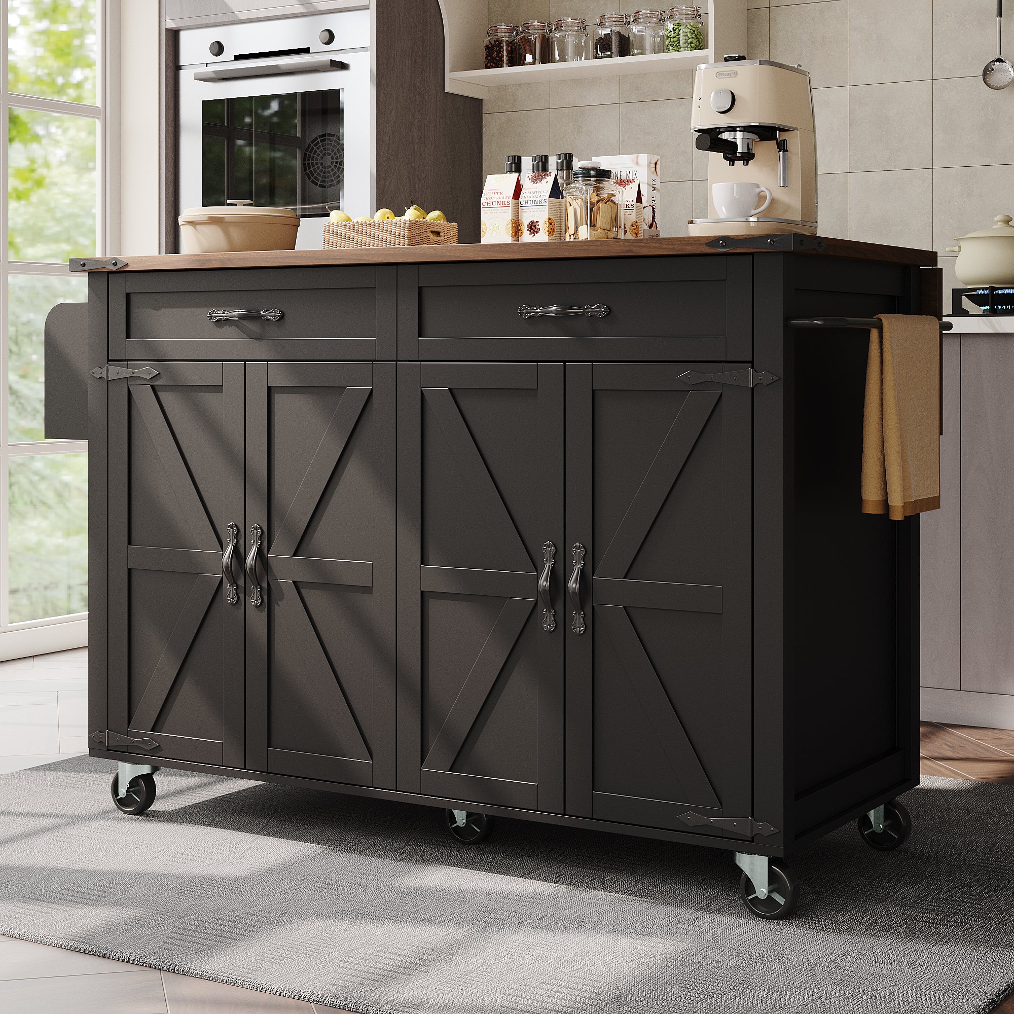 Kitchen Island Serving Trolley with Pull-out Worktop 4 Doors 2 Drawers Wood Grain Finish Black