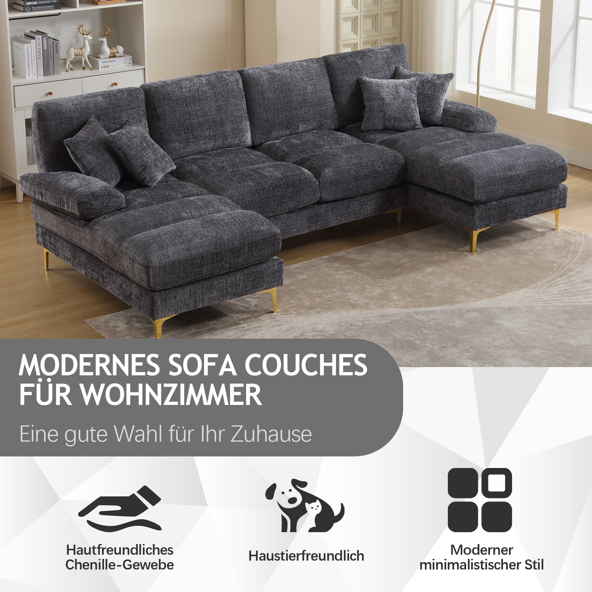 Chenille U-Shape Sectional Sofa, Large with Double Reclining Seats, Modern