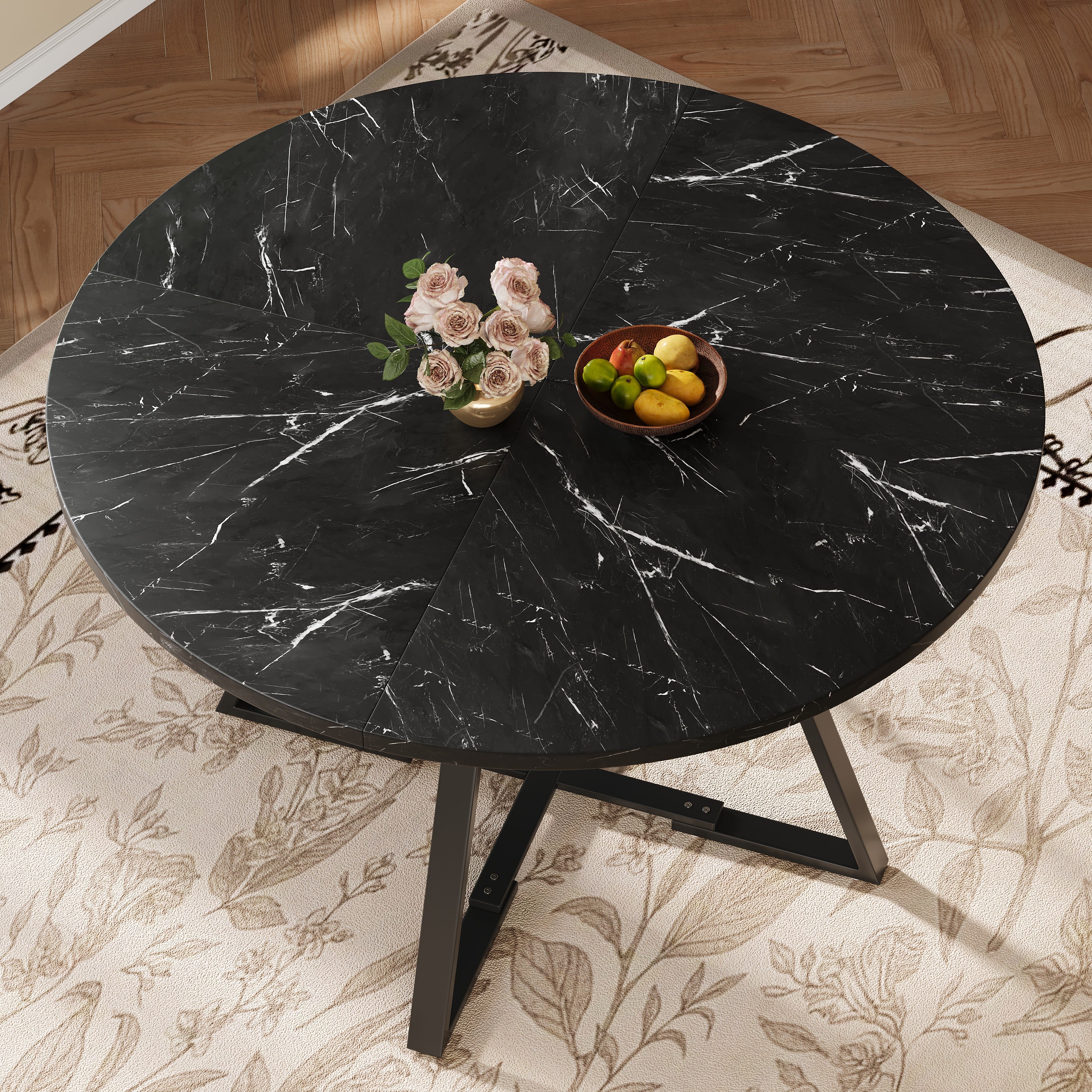 Round Dining Table Metal Legs Marble Look - Black/White