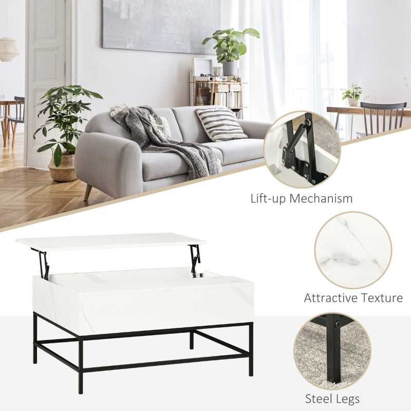 Modern Lifting Coffee Table, Hidden Compartment Storage, Faux Marble White