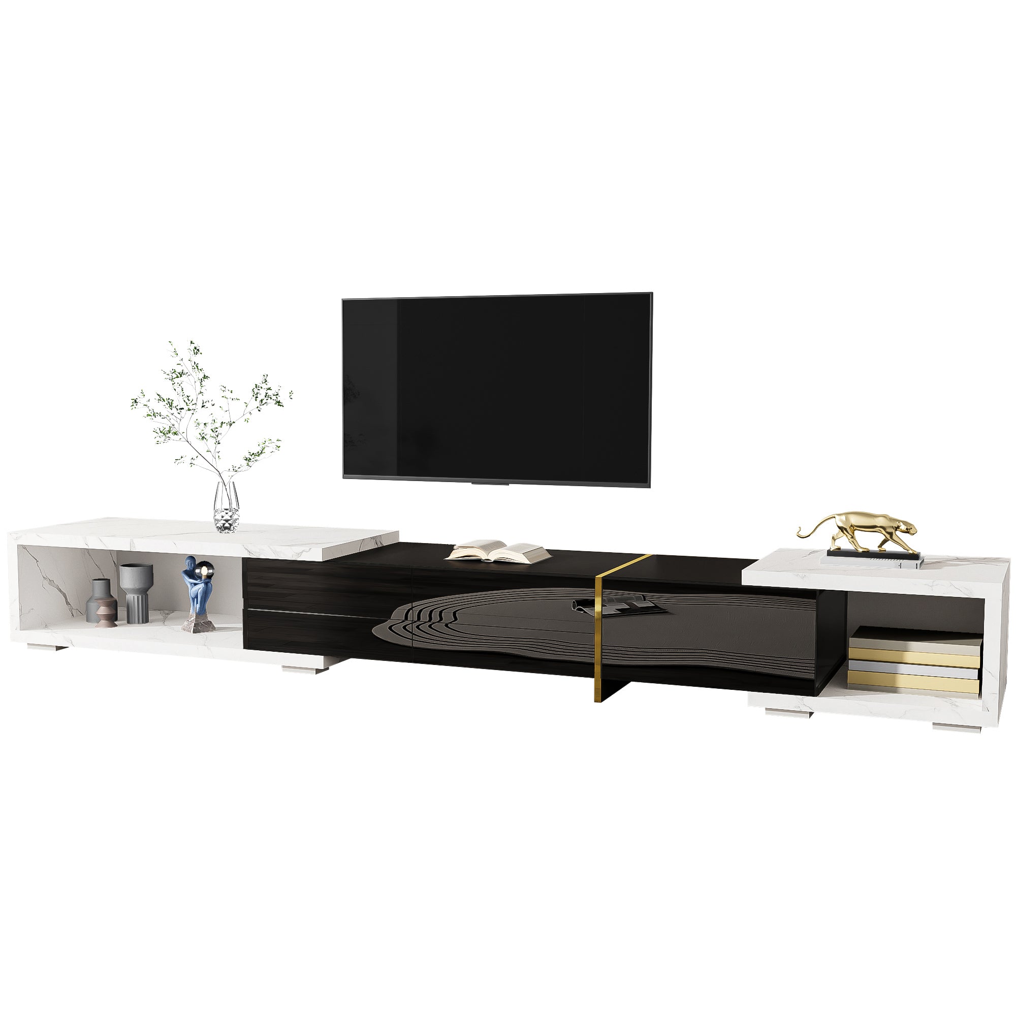 Modern TV Cabinet, Variable Length (140-260 cm) with Rotating Function, White Marble Look & Black High-Gloss Finish